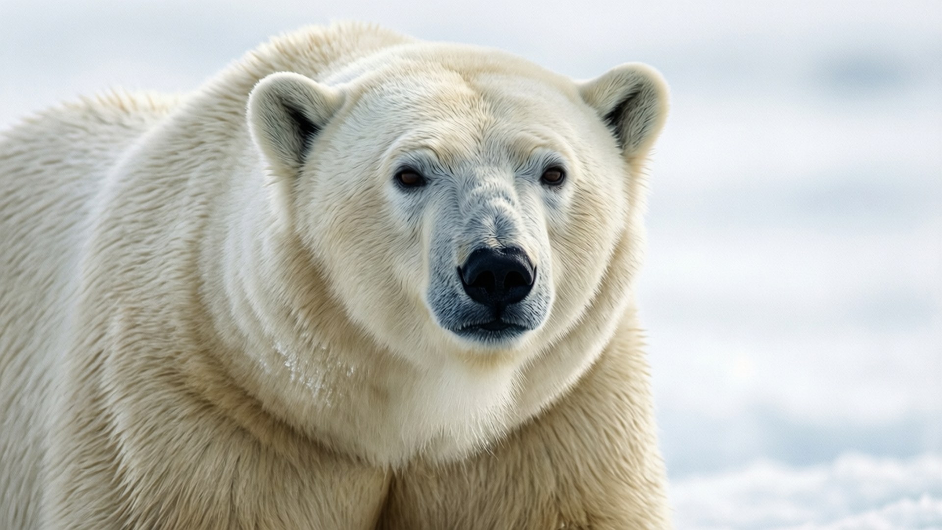 Polar Bear Fur White 壁紙 — 北極熊的特寫，擁有濃密的奶油色毛髮和深色眼睛，在雪地背景下直視鏡頭。