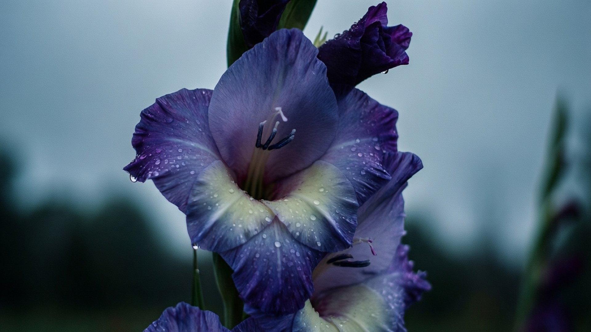 Rainy Gladiolus Moody 壁紙 — 紫色劍蘭花的特寫，花瓣上閃爍著露珠，背景為模糊的灰色。
