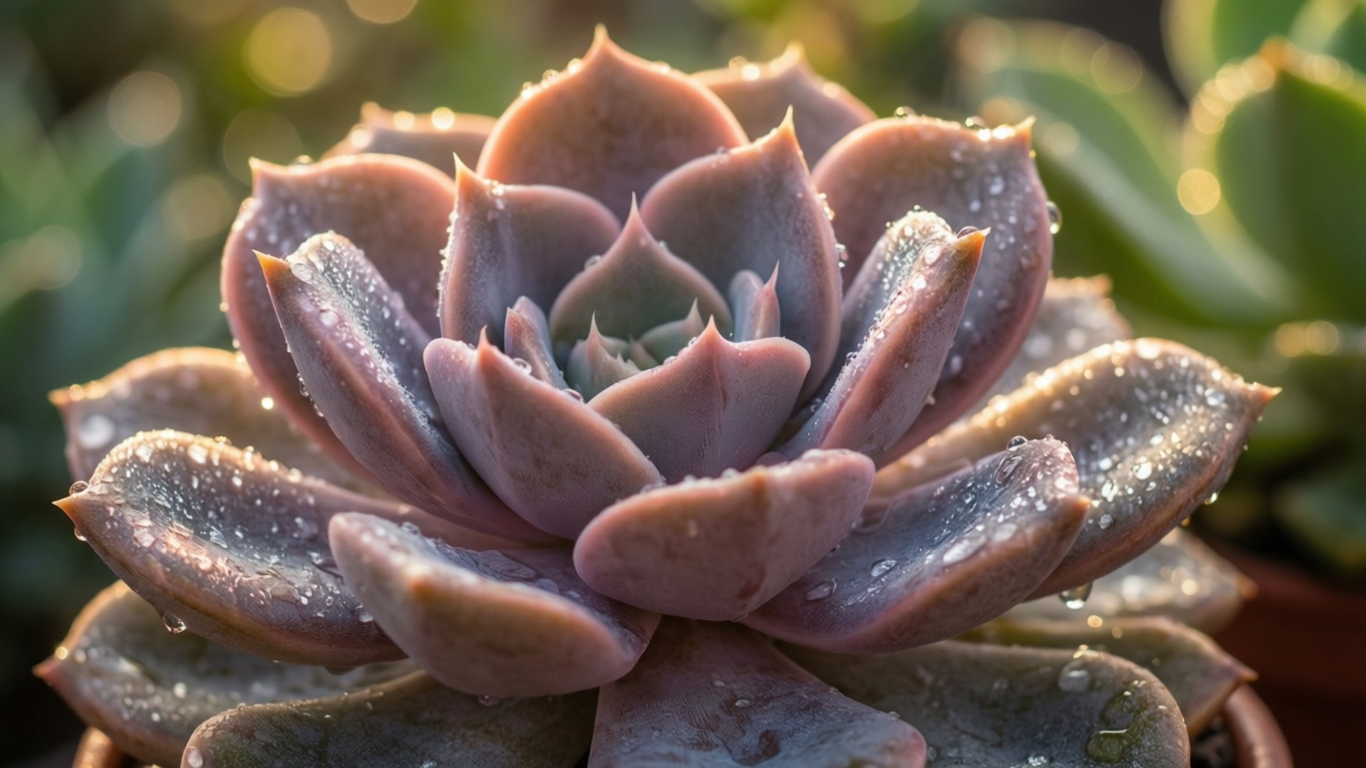 succulent 桌布 壁紙 — 特寫鏡頭：紫色多肉植物在溫暖陽光下，其蓮座狀葉片上閃爍著水珠。