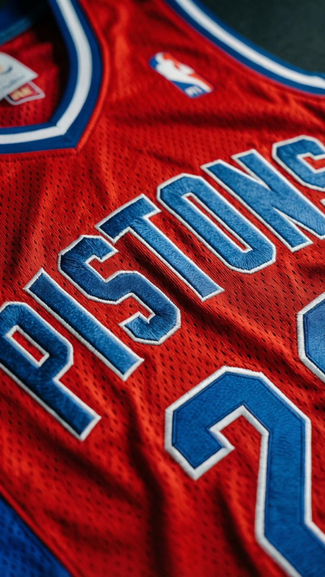 Pistons Jersey Detail 壁紙 — 底特律活塞隊紅色籃球球衣近照，藍白字體，號碼2。