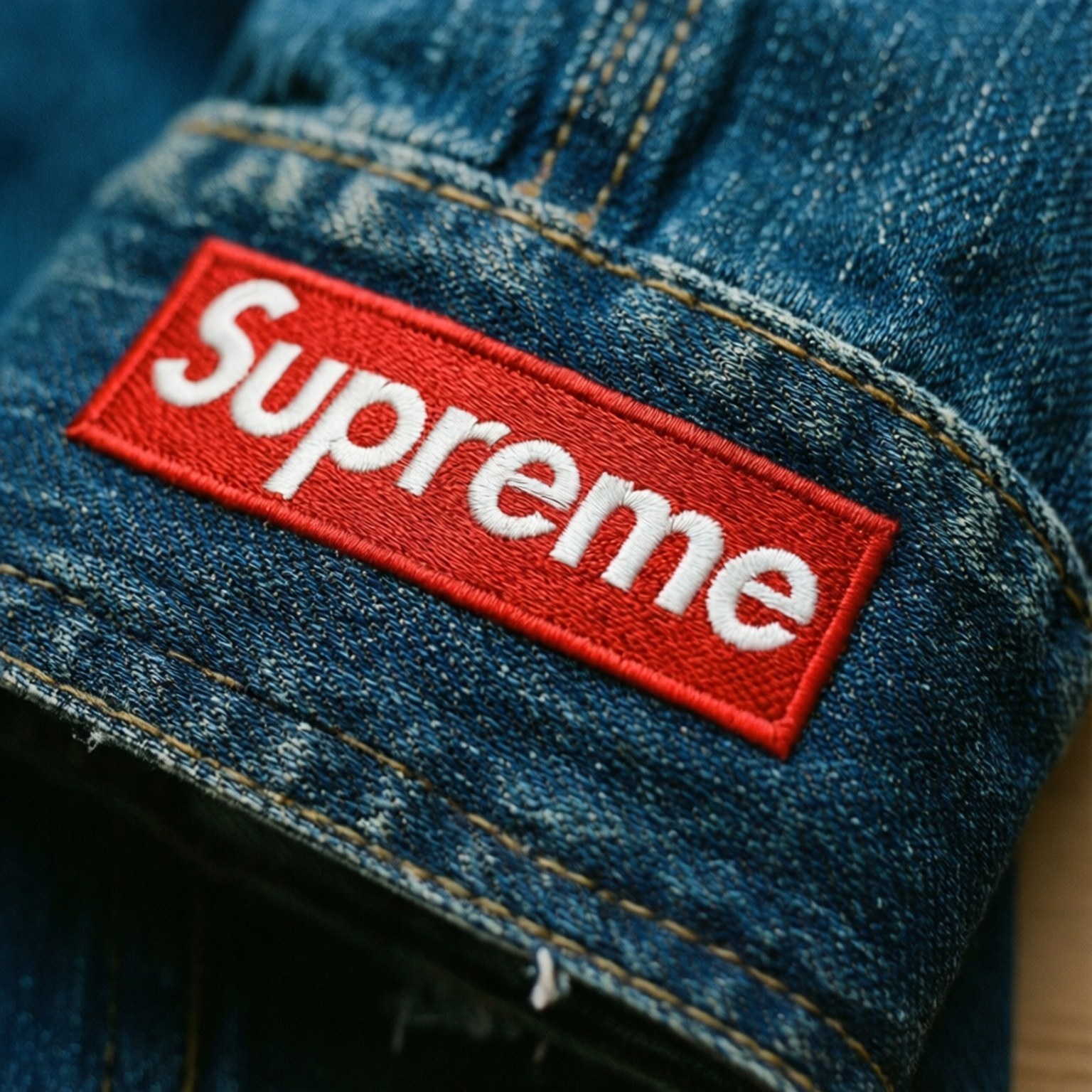 Supreme Denim Detail 壁紙 — 紅色Supreme標誌布章縫在藍色牛仔褲上的特寫，帶有可見的黃色縫線。