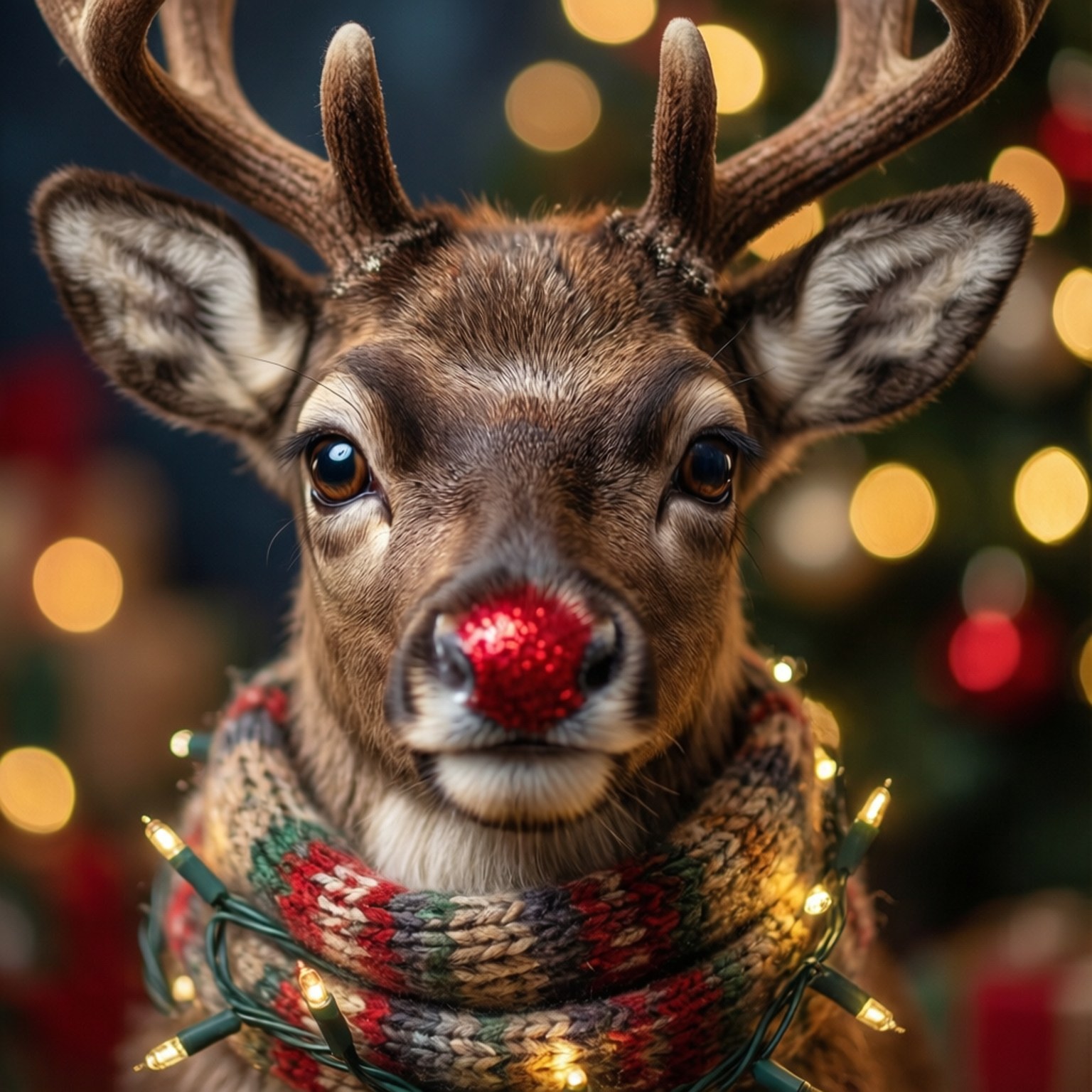 Reindeer with Glowing Lights 壁紙 — 一隻馴鹿的近距離特寫，牠有一個閃閃發光的紅鼻子，戴著一條飾有燈串的節日圍巾。