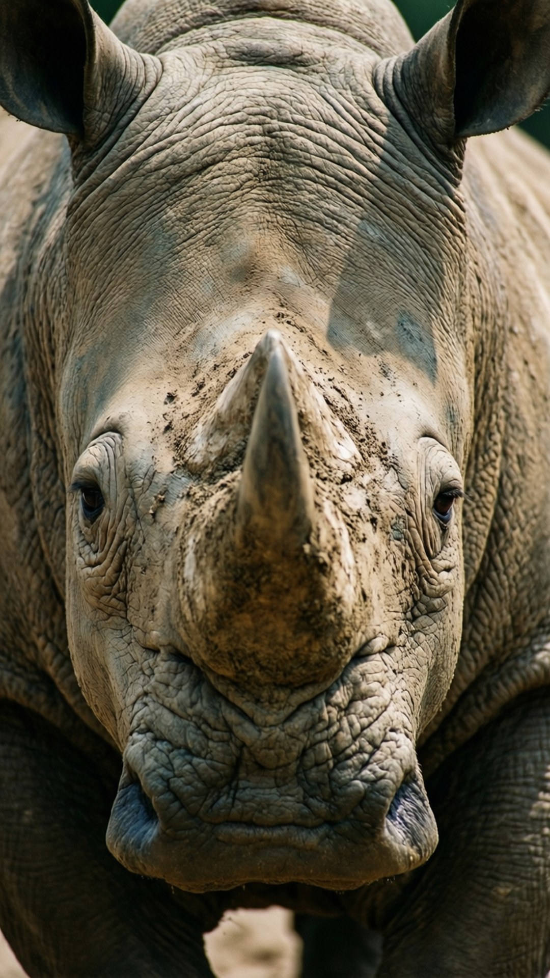 Muddy Rhino Portrait 壁紙 — 犀牛的近距離特寫，有突出的角和皺紋的灰色皮膚，直視鏡頭。