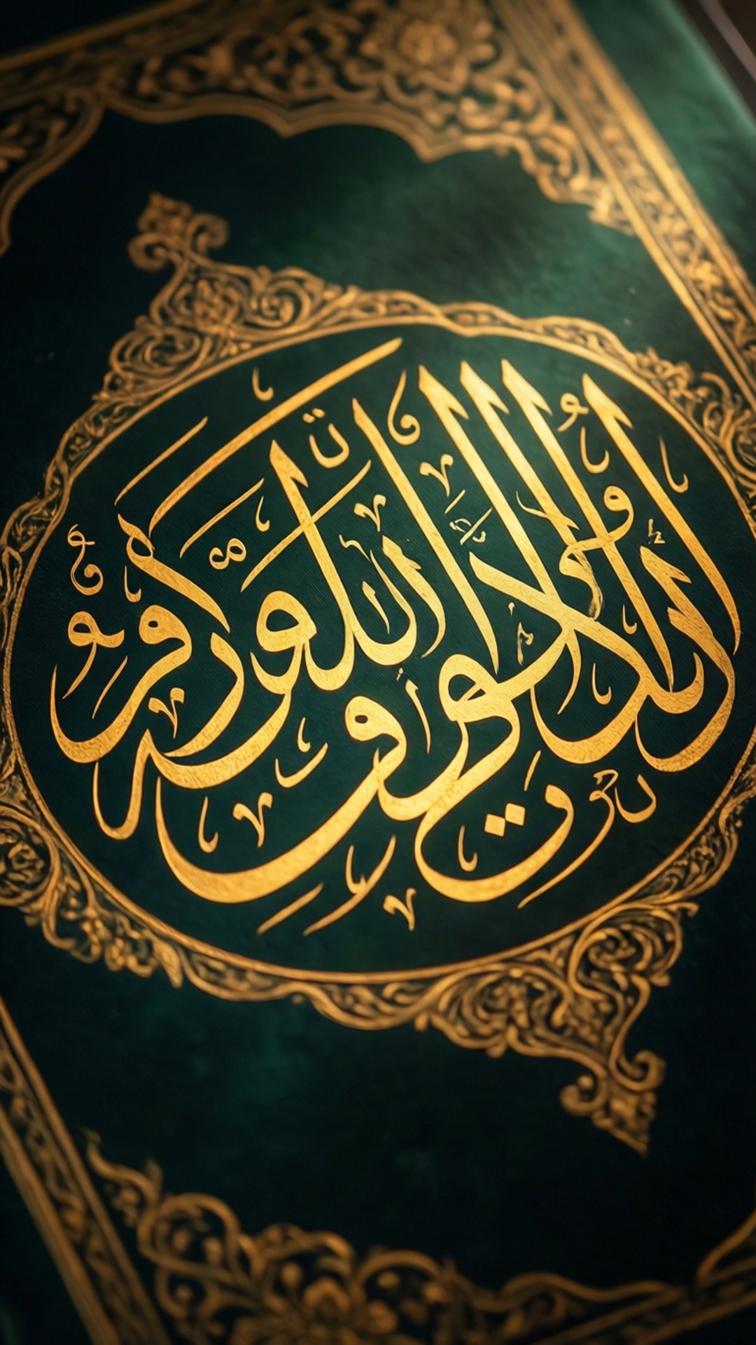 Islamic 4K Phone 桌布 壁紙 — 特寫鏡頭：一本深綠色古蘭經封面，飾有精緻的金色書法和華麗邊框，在溫暖燈光下閃耀。