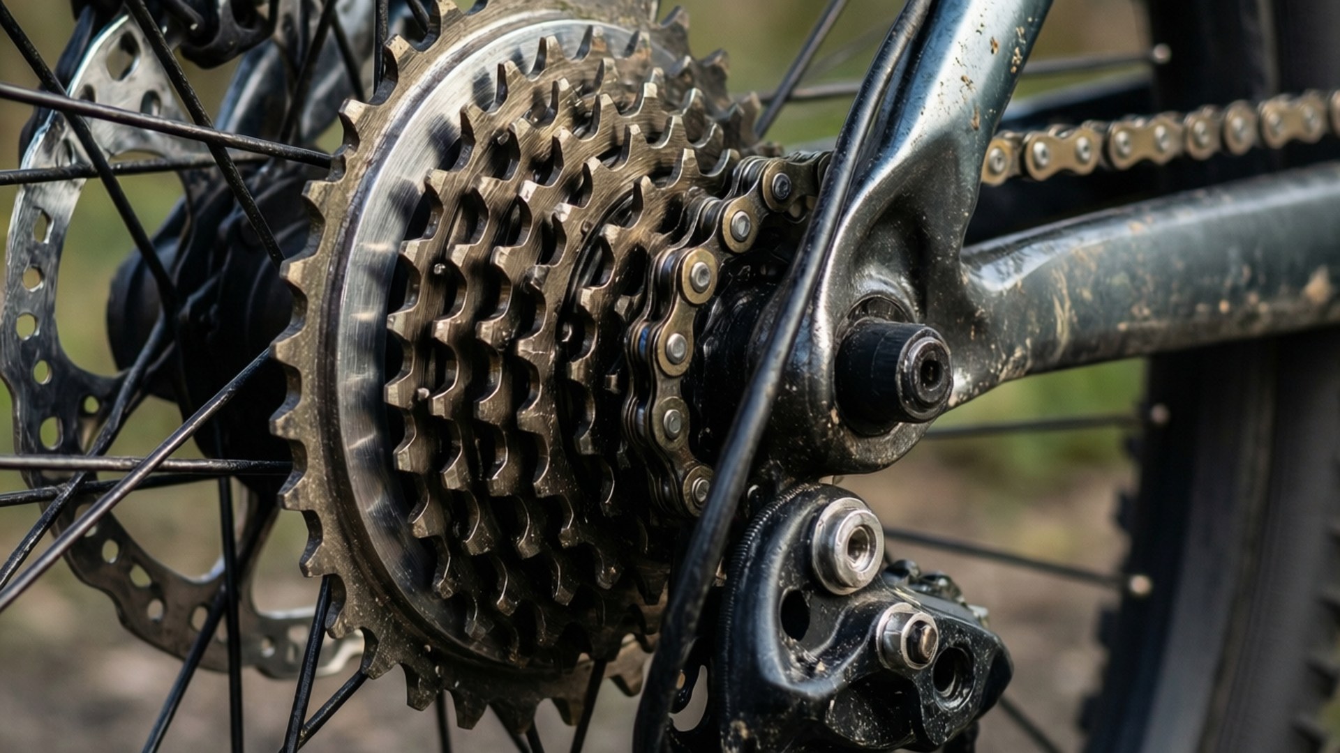 Mechanical Details 壁紙 — 堅固自行車飛輪和鏈條的特寫，金屬齒輪和車架上有污漬。