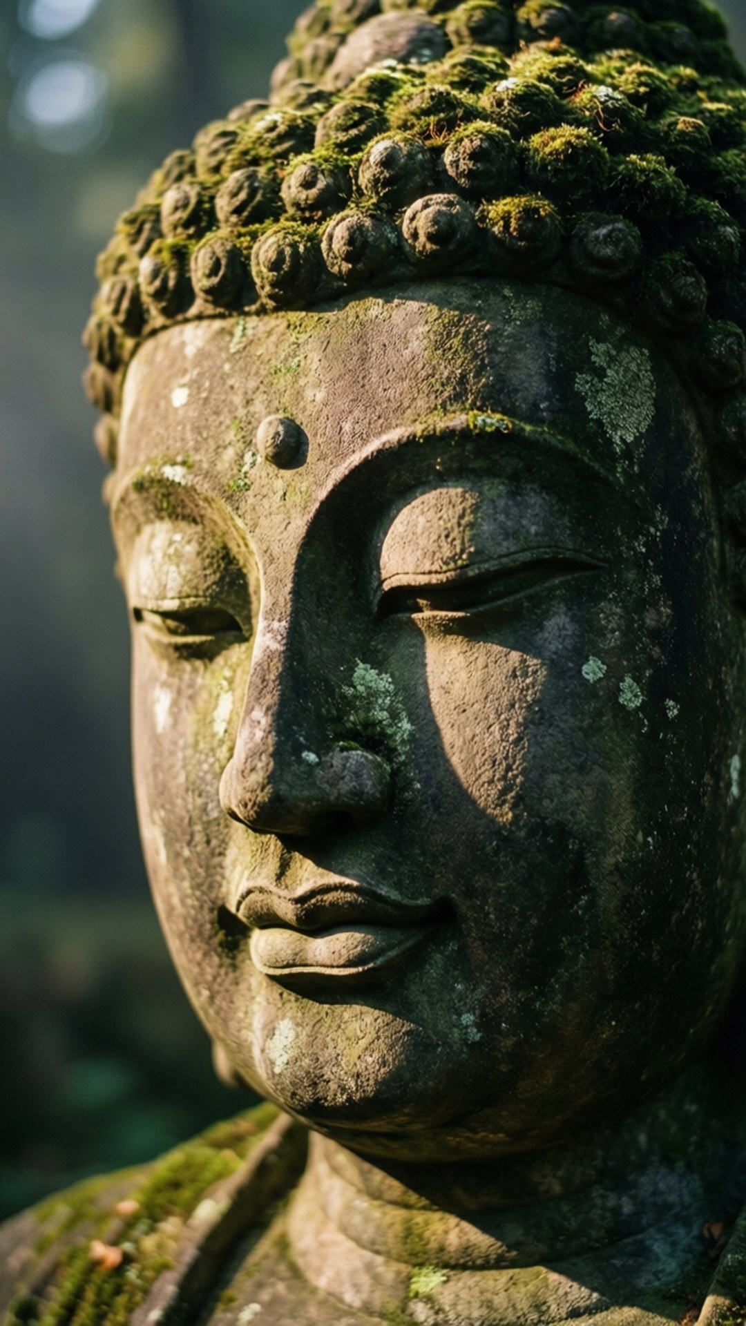 Weathered Stone Buddha 壁紙 — 近距離拍攝一個寧靜的石佛頭，上面覆蓋著苔蘚，柔和陽光照亮其風化的特徵。