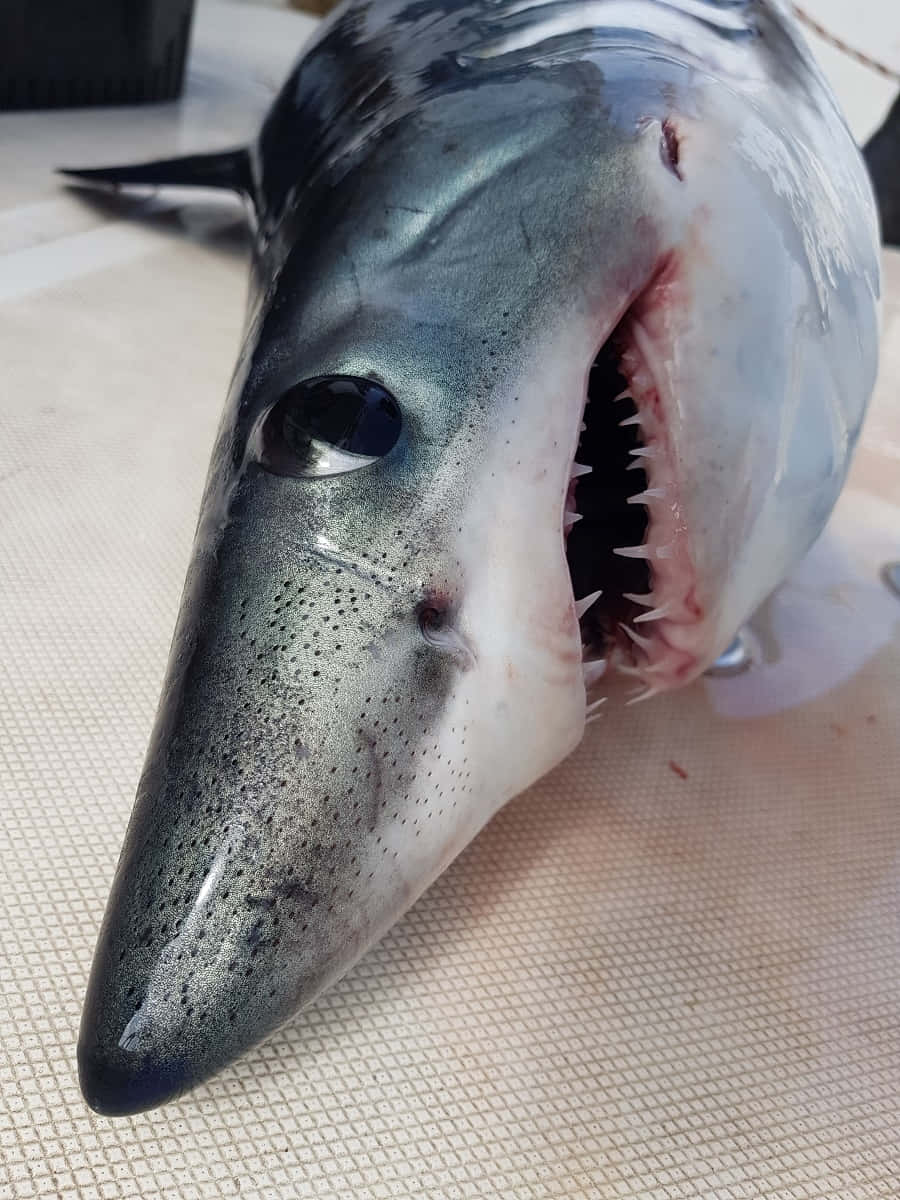  壁紙 — 尖鼻鯊魚頭部特寫，張開嘴巴露出成排牙齒，置於有紋理的白色表面上。