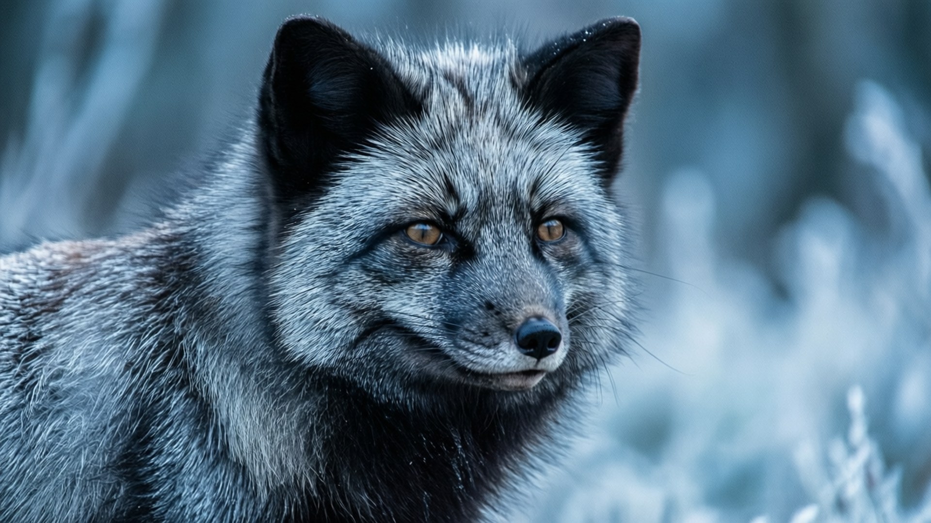 Silver Fox Fur 壁紙 — 一隻銀狐的特寫，擁有銳利的琥珀色眼睛，在冰藍色模糊背景下凝視。