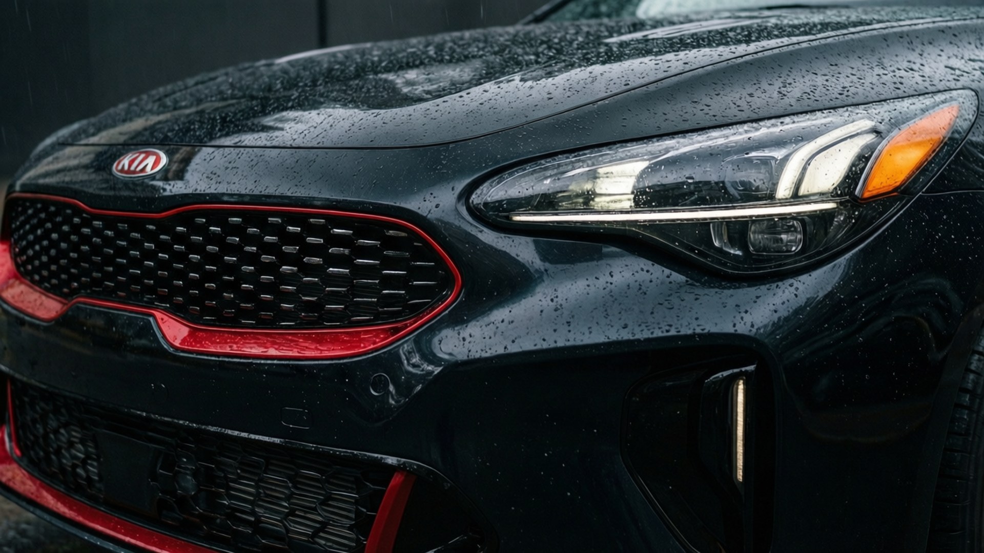 Stinger Detail 壁紙 — 黑色Kia汽車的時尚前格柵和頭燈特寫，滴著雨水。