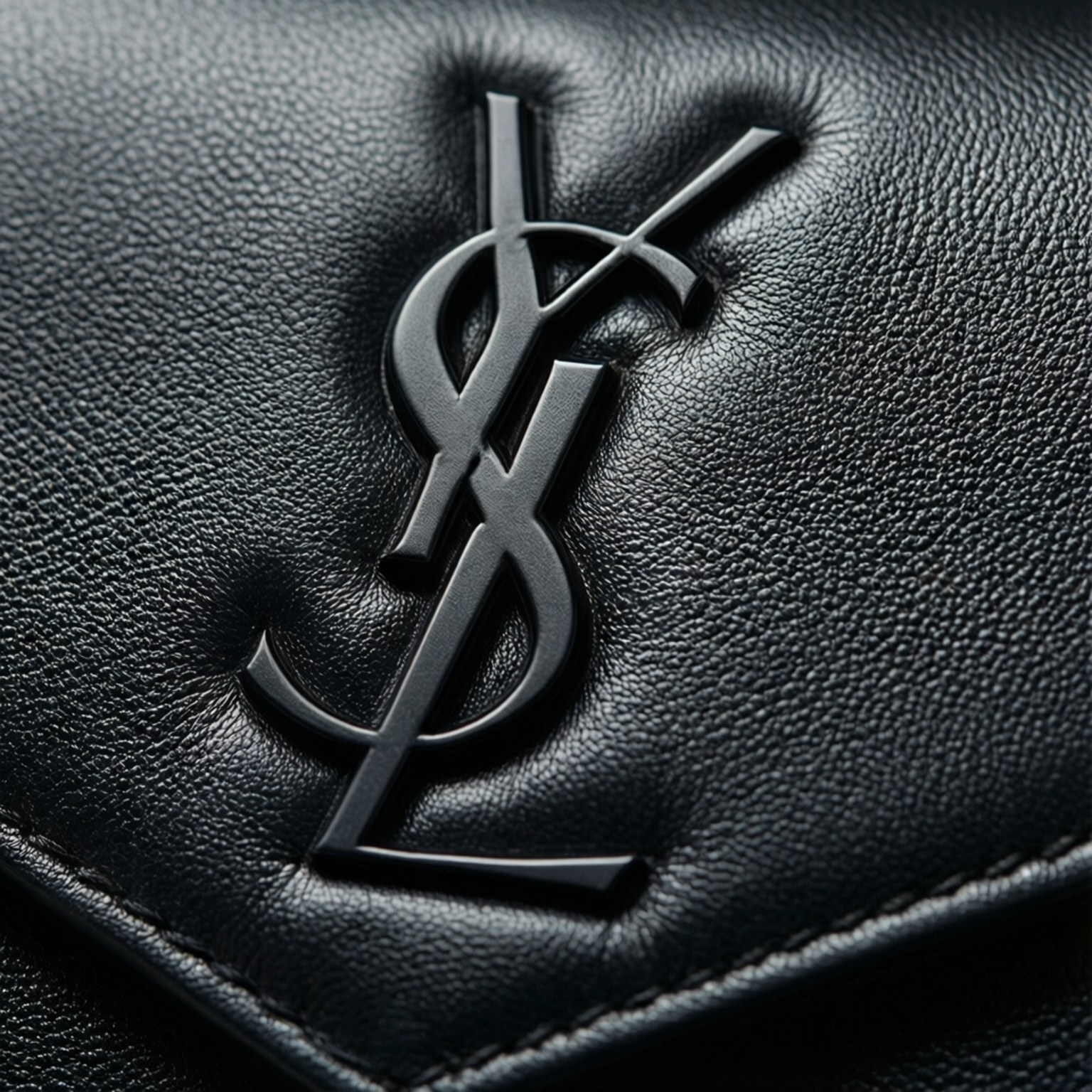 Embossed YSL Leather 壁紙 — 黑色光滑皮革表面的特寫，帶有凸起的YSL字母組合標誌，邊緣可見縫線。