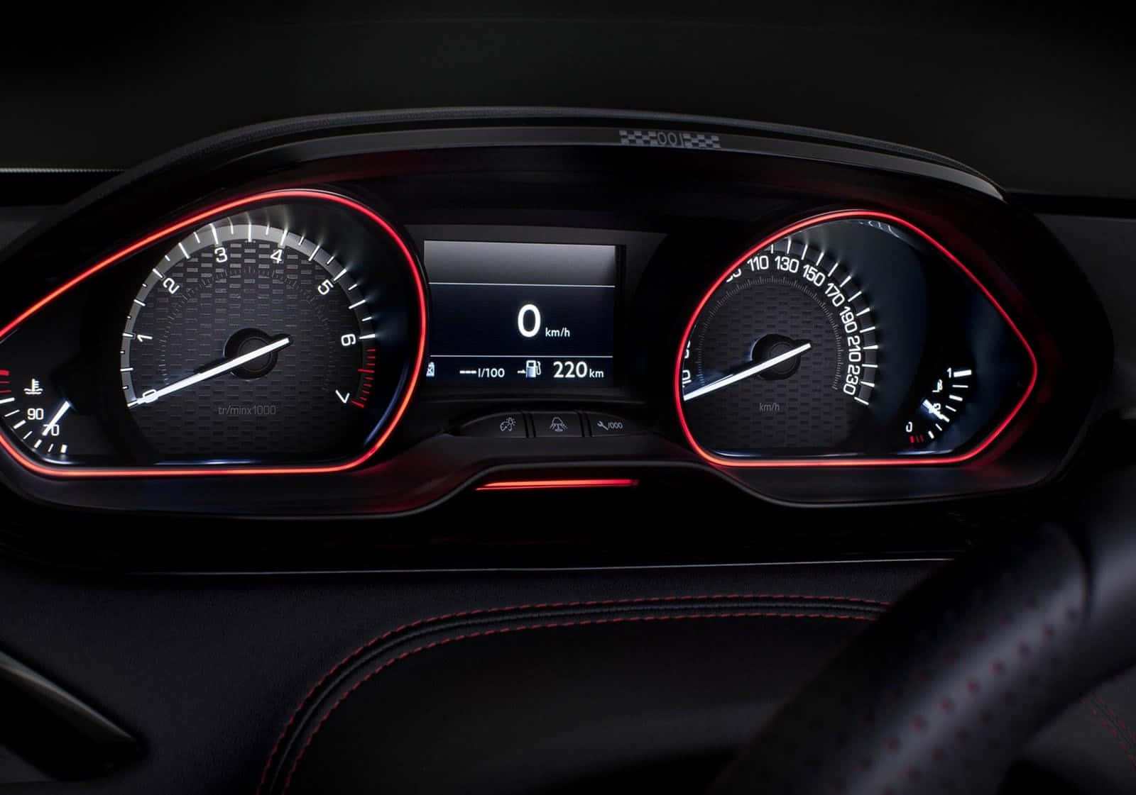 Peugeot 208 桌布 壁紙 — 時尚汽車儀表板的特寫，帶有發光的紅色錶盤和顯示零速度的數字顯示屏。