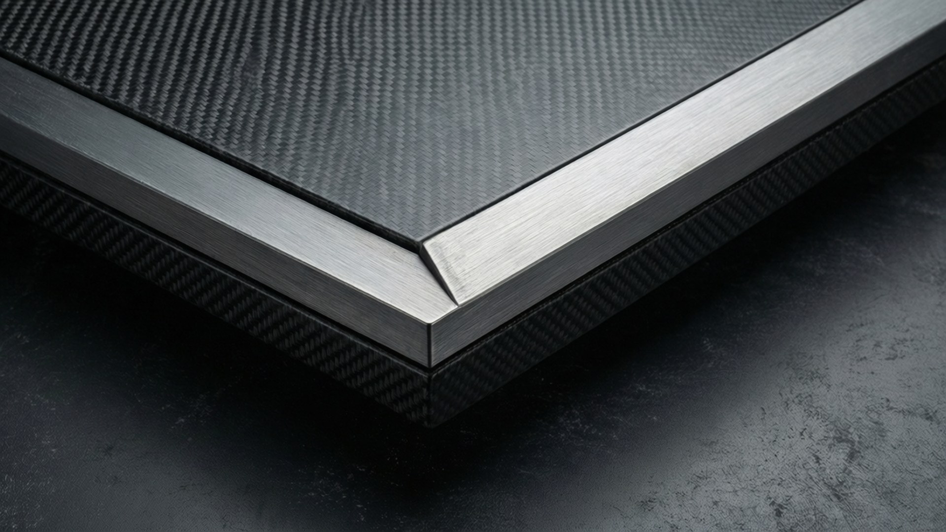 Carbon Fiber and Brushed Metal 壁紙 — 碳纖維面板特寫，搭配拉絲金屬飾邊，置於深色紋理表面上。