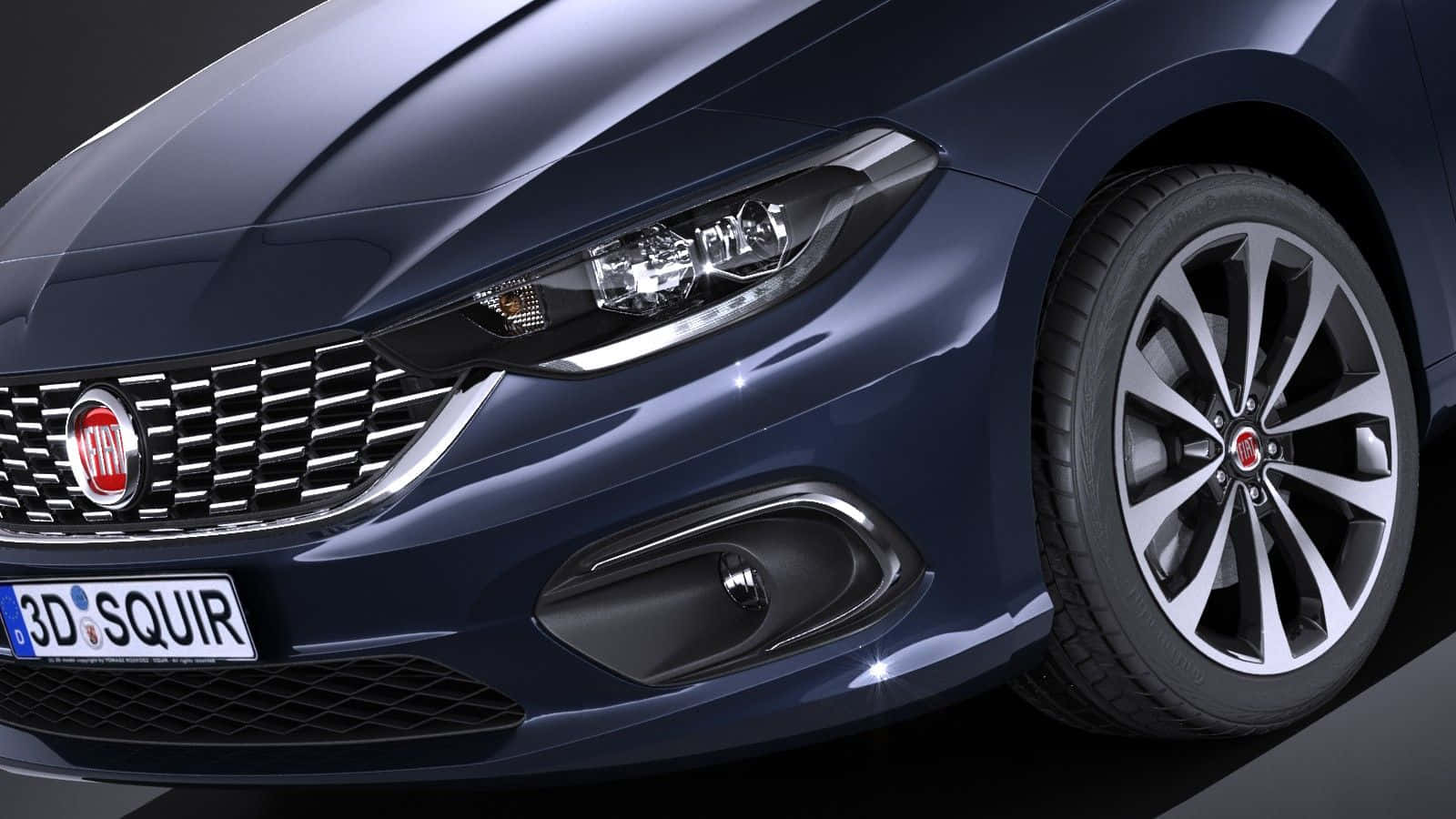 Fiat Tipo 桌布 壁紙 — 在攝影棚燈光下，一部時尚深藍色 Fiat 汽車的車頭和合金輪圈的特寫。