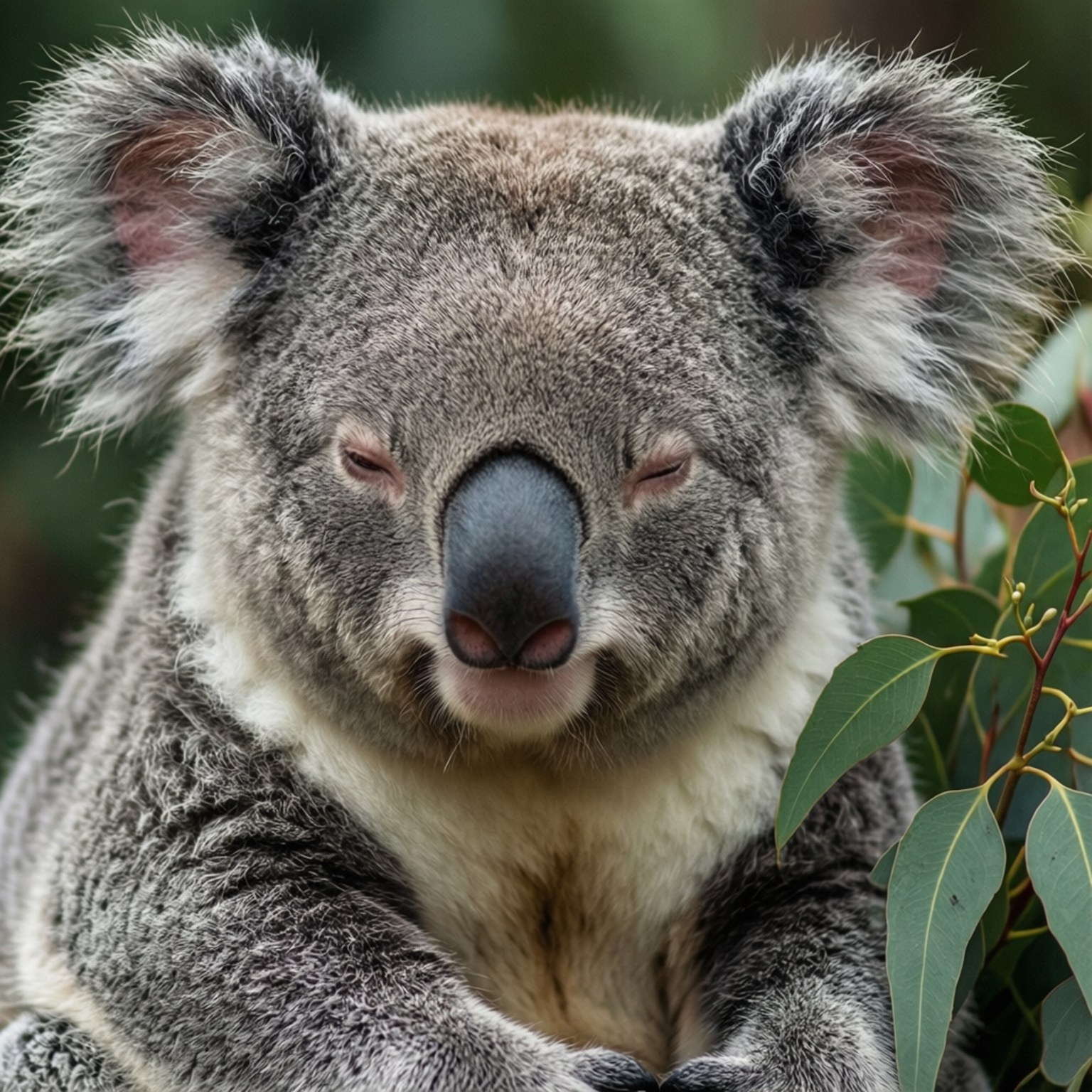 Koala Fur Nap 壁紙 — 一隻睡眼惺忪的無尾熊，擁有蓬鬆灰色毛髮和粉紅色耳朵，在綠色尤加利葉間休息的特寫。