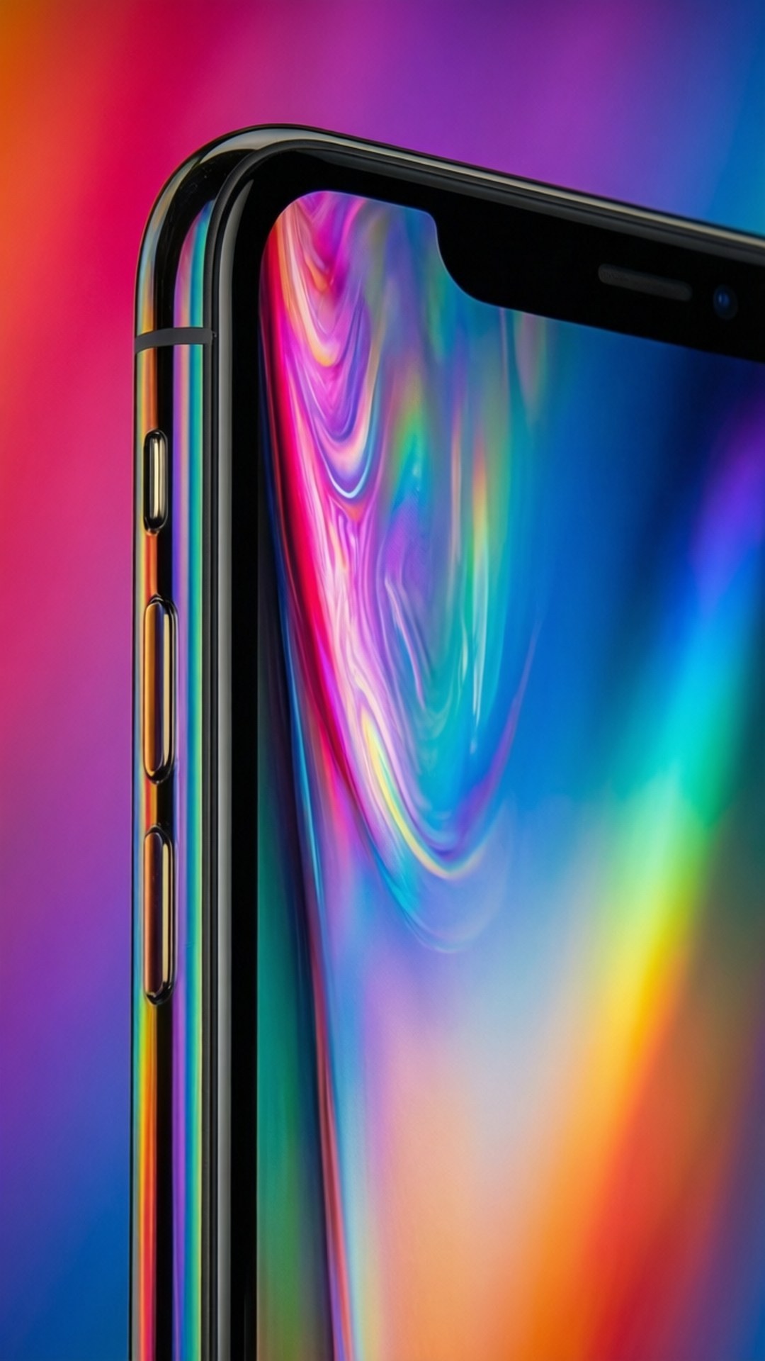 Rainbow Gloss iPhone XR 壁紙 — 智慧型手機邊緣和螢幕的特寫，顯示旋轉彩虹漸變桌布。