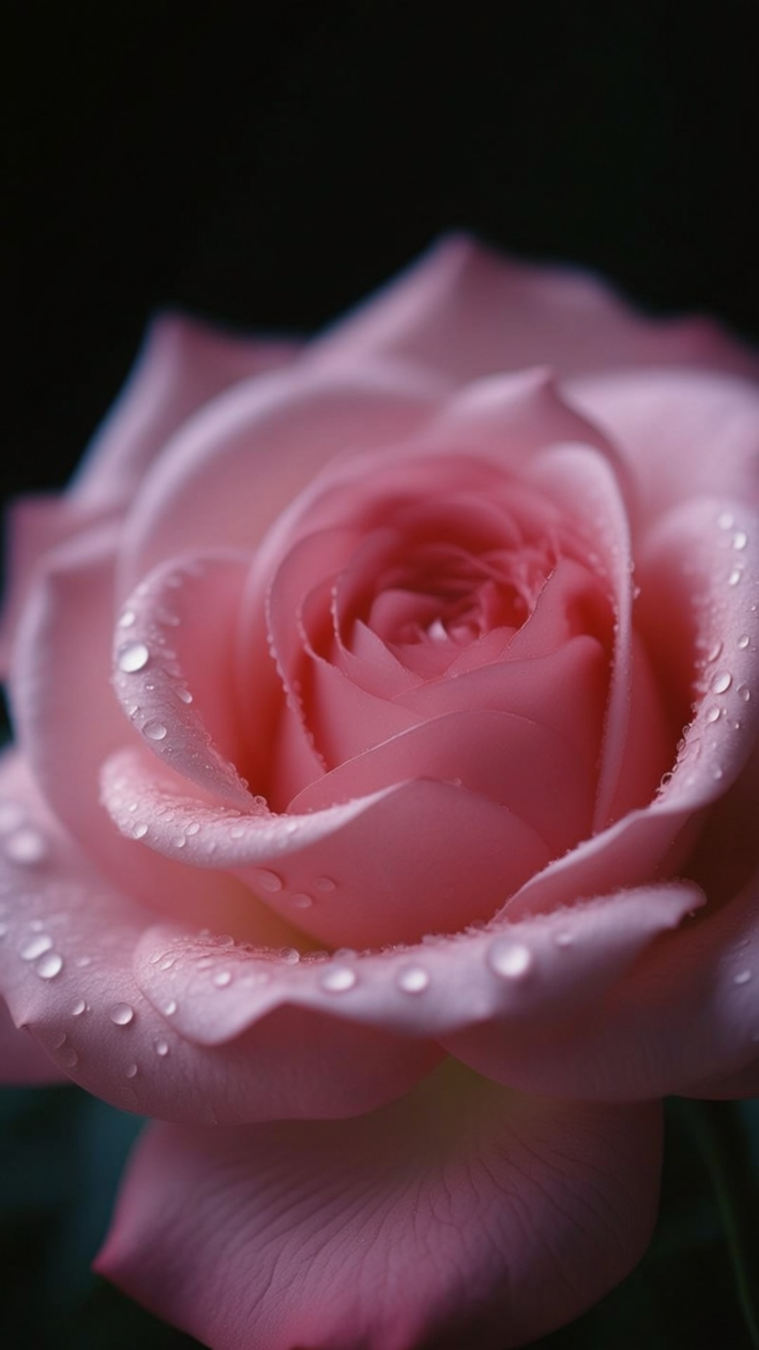 Blooming Pink Rose 壁紙 — 特寫鏡頭：一朵柔和的粉紅玫瑰，花瓣上閃爍著露珠，背景為黑色。