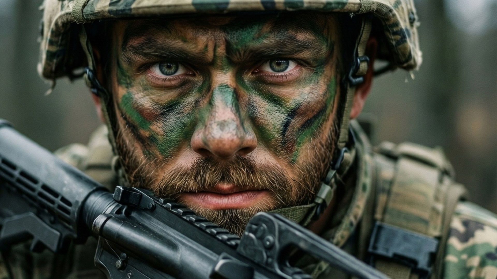 War Paint 壁紙 — 一名士兵臉上塗有綠色迷彩顏料，在森林中手持步槍的特寫。