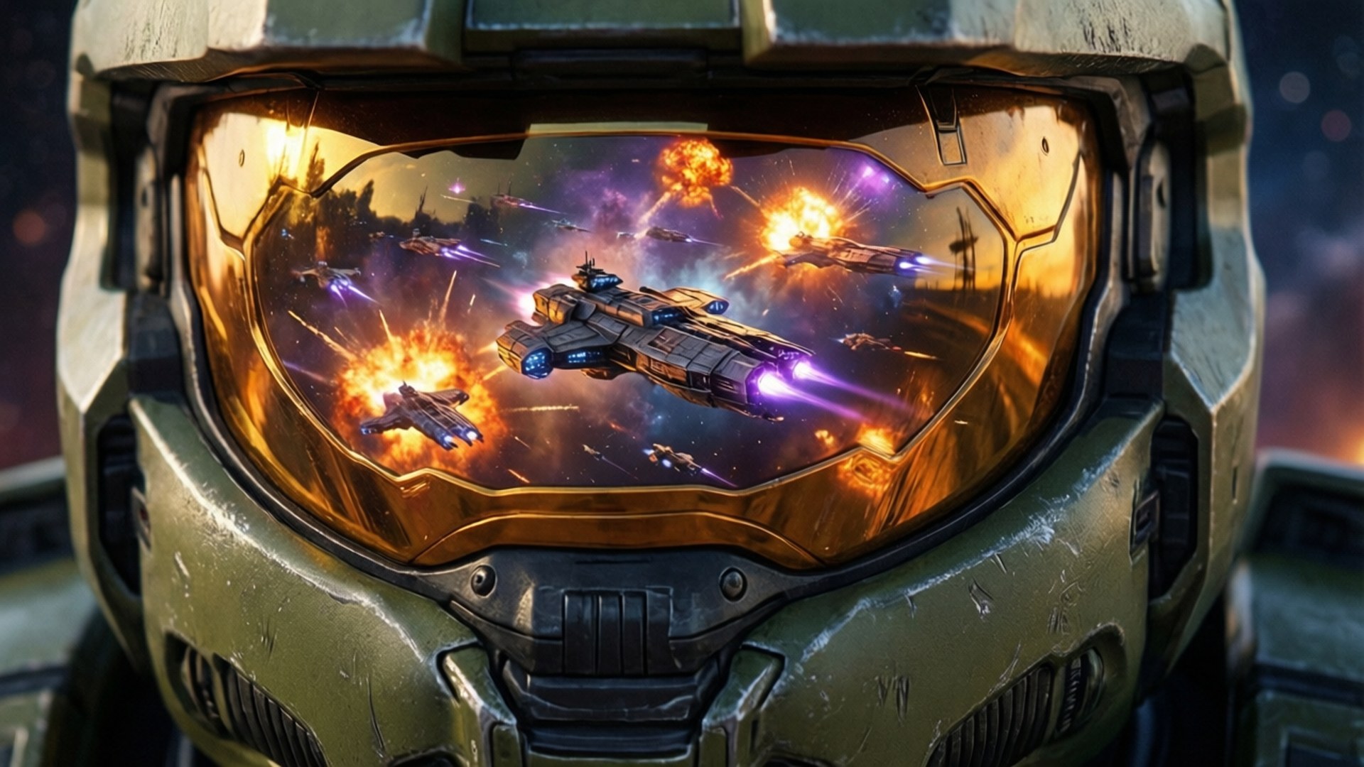 Visor of War 壁紙 — 士兵頭盔面罩的特寫，反射出混亂的太空戰鬥，有爆炸的飛船和發光的紫色能量武器。