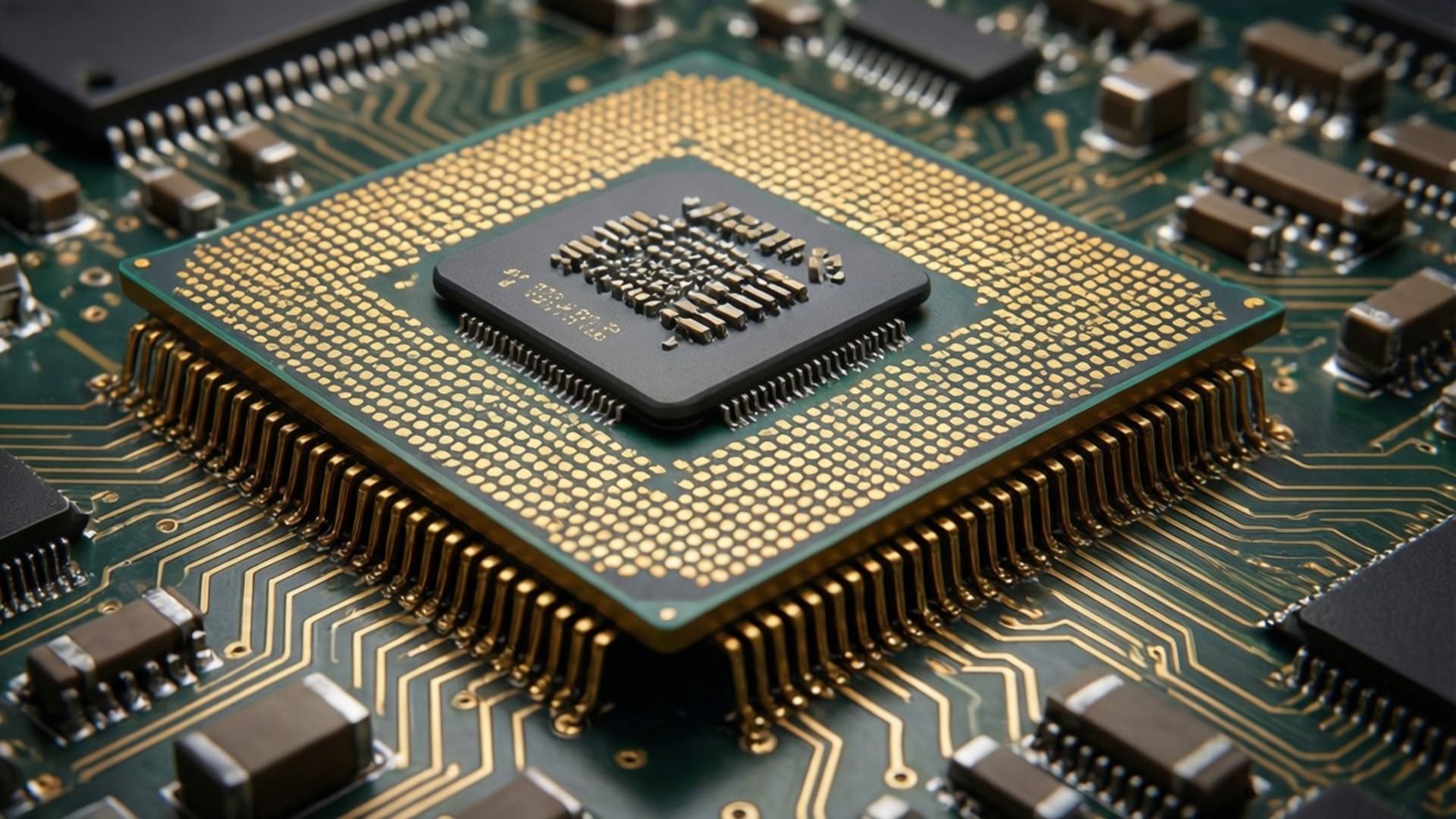 Golden Processor 壁紙 — 特寫一個方形CPU晶片，帶有金色引腳，安裝在帶有複雜銅跡線的綠色電路板上。
