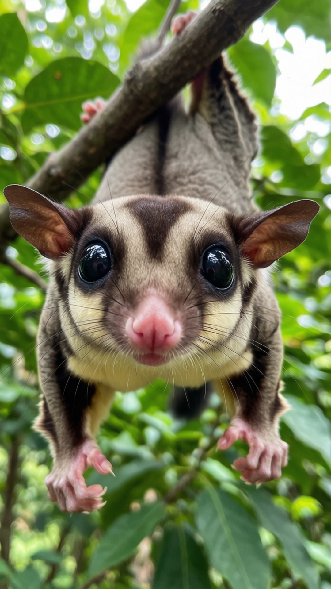 Upside Down Curiosity 壁紙 — 蜜袋鼯倒掛在樹枝上的特寫，有大黑眼睛和粉紅色鼻子。