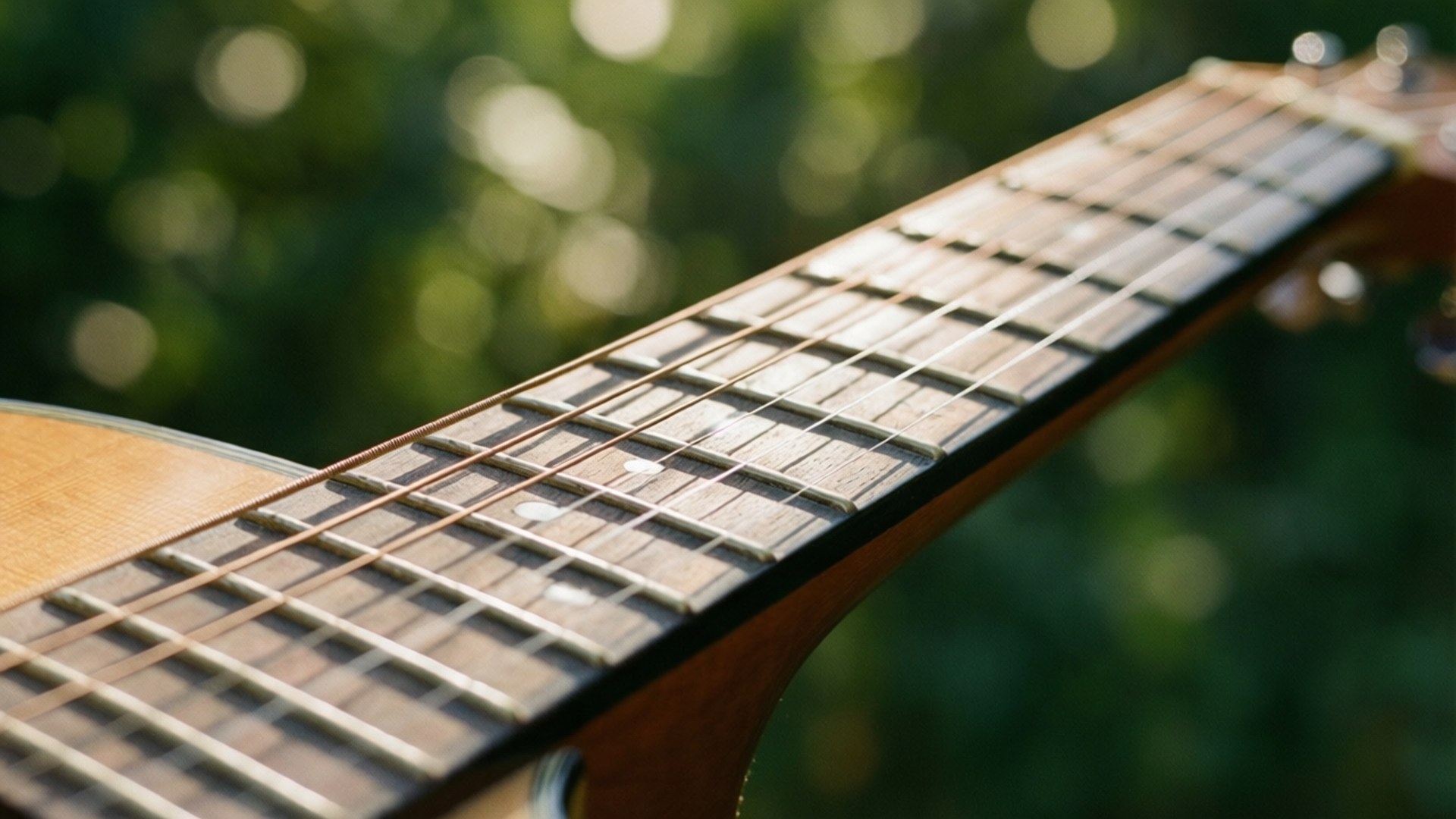 Acoustic Guitar Close-Up 壁紙 — 特寫鏡頭：陽光照射下的原聲吉他琴頸，帶有琴格和琴弦，背景是模糊的綠色樹葉。