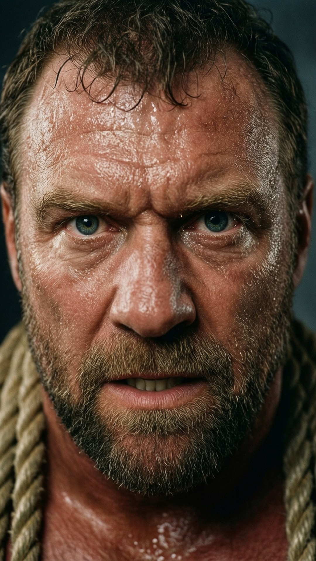 Intensity Close-Up 壁紙 — 一個汗流浹背、鬍鬚濃密的男人特寫，擁有強烈的藍色眼睛和嚴峻的表情，脖子上纏著繩子。