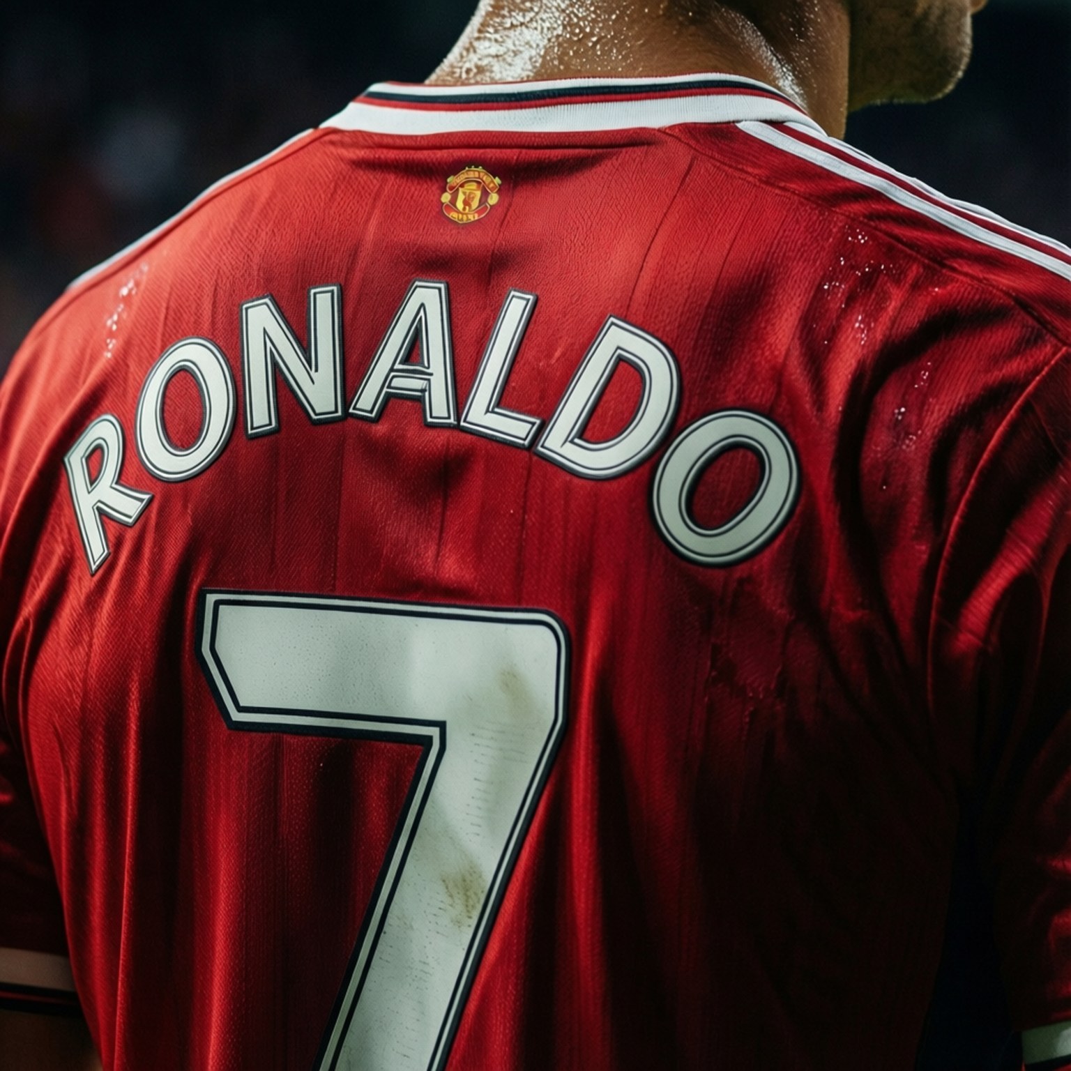 Ronaldo Jersey Closeup 壁紙 — 近距離拍攝一名汗流浹背的足球員，身穿紅色曼聯球衣，背面印有「RONALDO」和號碼「7」。