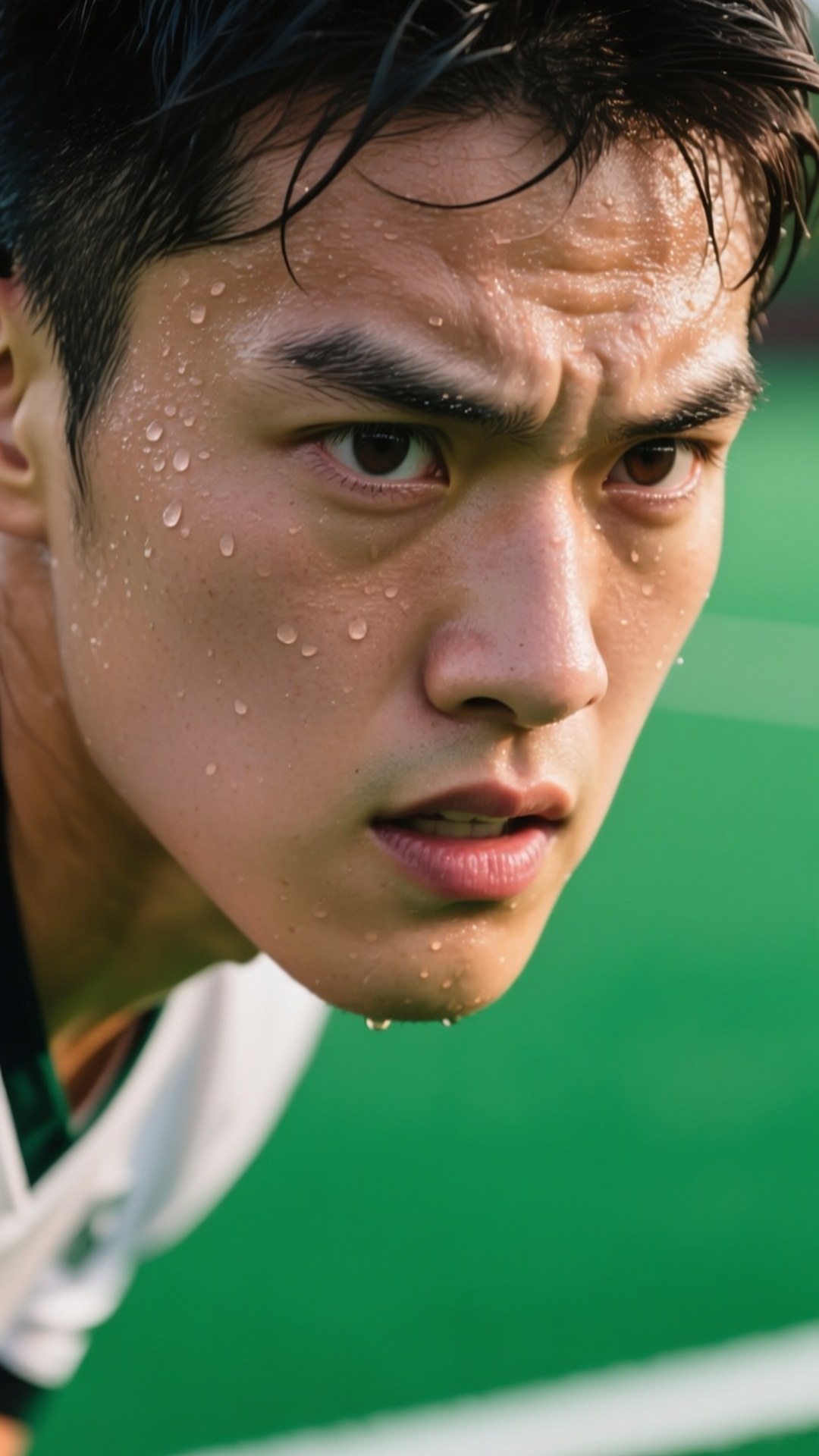 Determined Player 壁紙 — 特寫鏡頭：一名汗流浹背的年輕男子在陽光普照的綠色運動場上，目光專注。