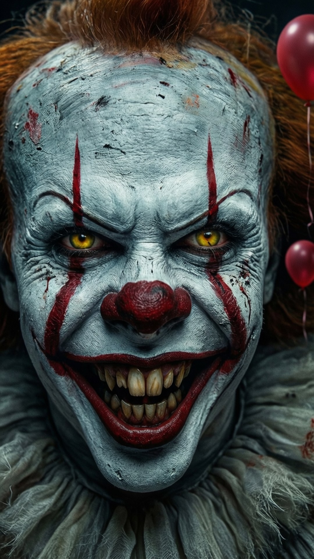 Pennywise Grin Close-Up 壁紙 — 一個可怕小丑的特寫，蒼白妝容、紅色眼淚、黃色眼睛，露出寬闊的牙齒笑容，手持紅色氣球。