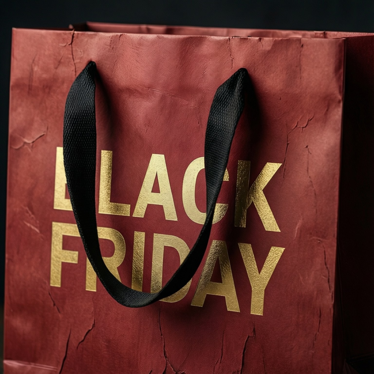 Gold Foil Bag 壁紙 — 特寫一個有紋理的紅色購物袋，上面有粗體金色 'BLACK FRIDAY' 文字和黑色手柄，背景為深色。