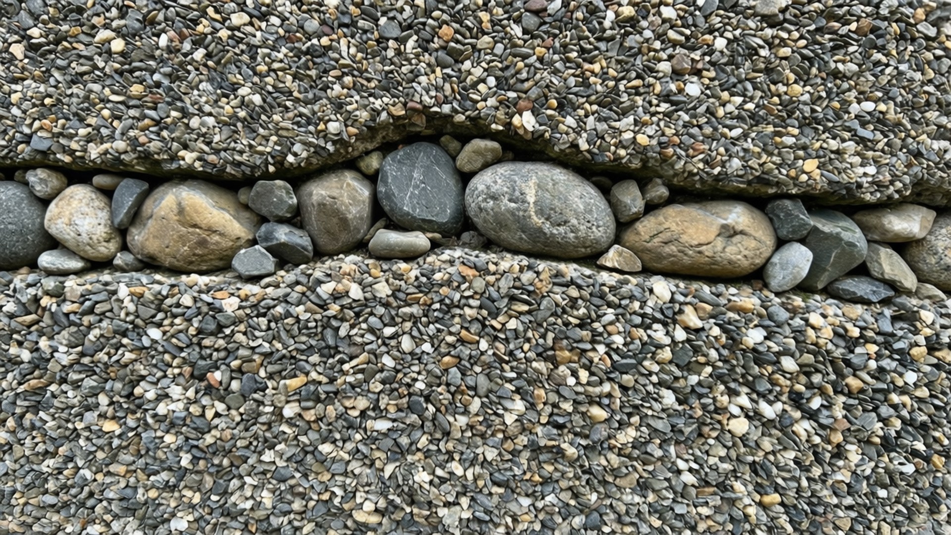 Aggregate Concrete Wall 壁紙 — 特寫紋理石牆，狹窄縫隙填滿光滑圓形卵石和較大岩石。