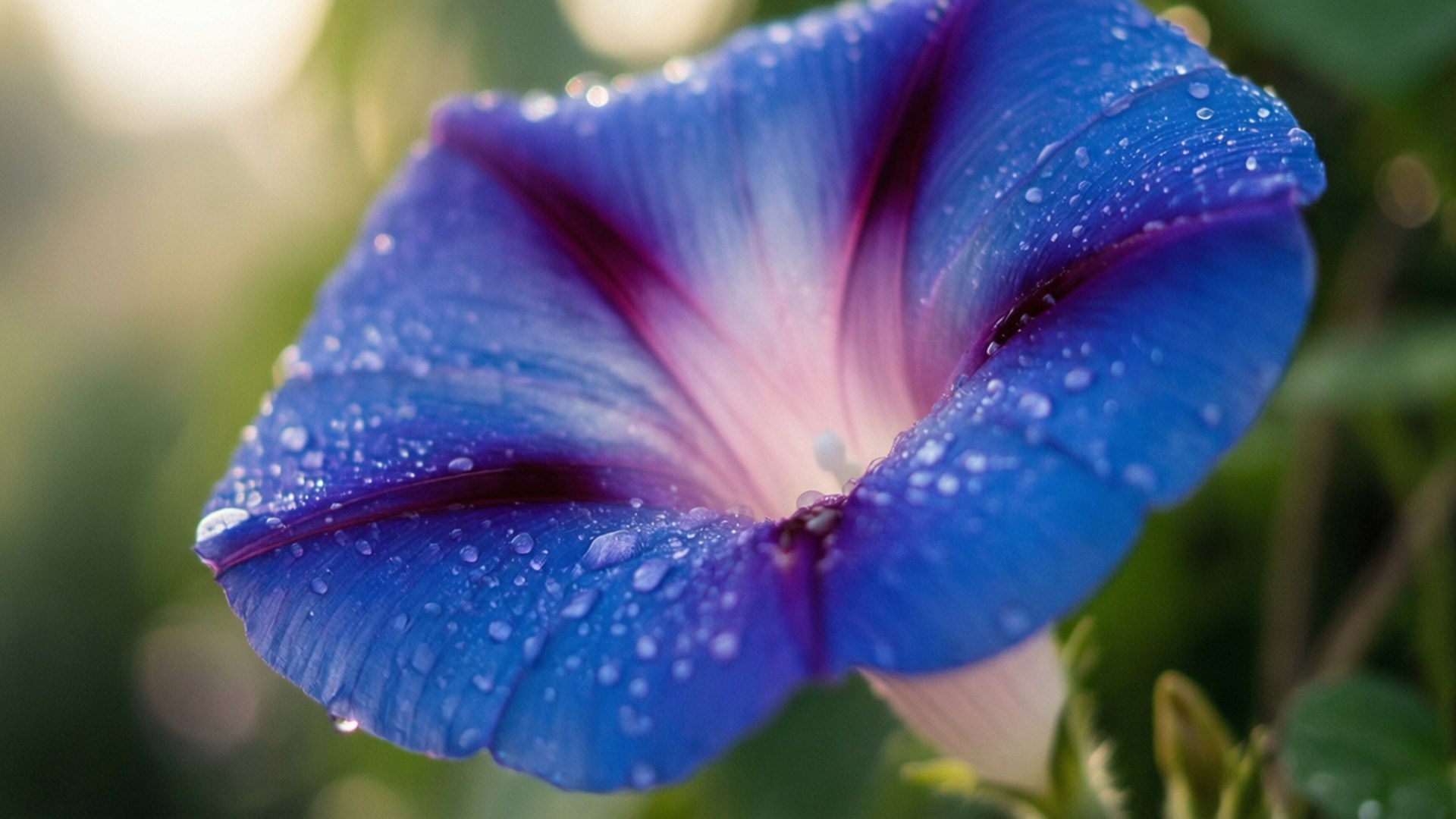 Dewy Blue Morning Glory 壁紙 — 一朵充滿活力的藍色牽牛花特寫，花瓣上閃爍著露珠，背景是柔和的綠色。