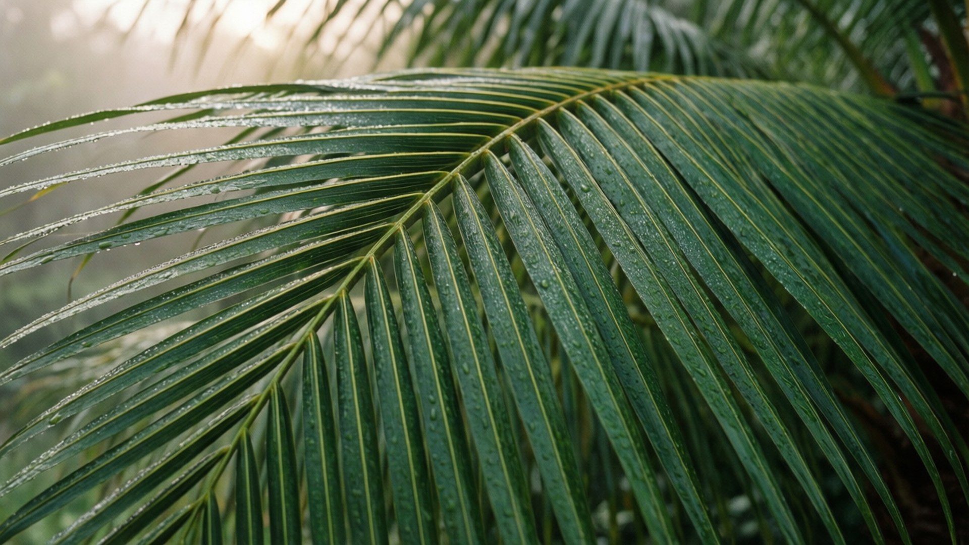 Dewy Palm Leaves 壁紙 — 特寫鏡頭：一片充滿活力的綠色棕櫚葉，在柔和霧氣背景下閃爍著露珠。