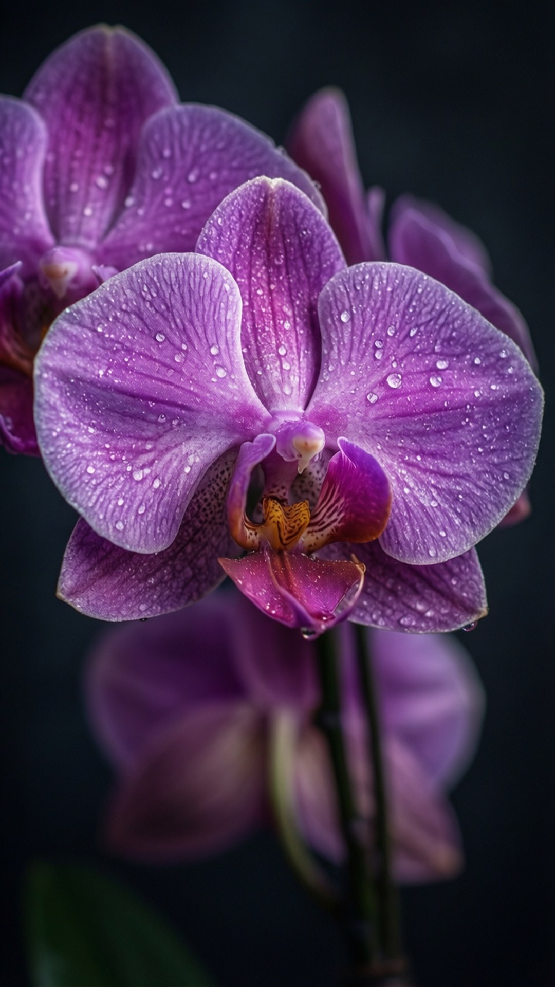 Violet Orchid Elegance 壁紙 — 特寫鏡頭：一朵充滿活力的紫色蘭花，花瓣上閃爍著露珠，襯托在深色背景上。