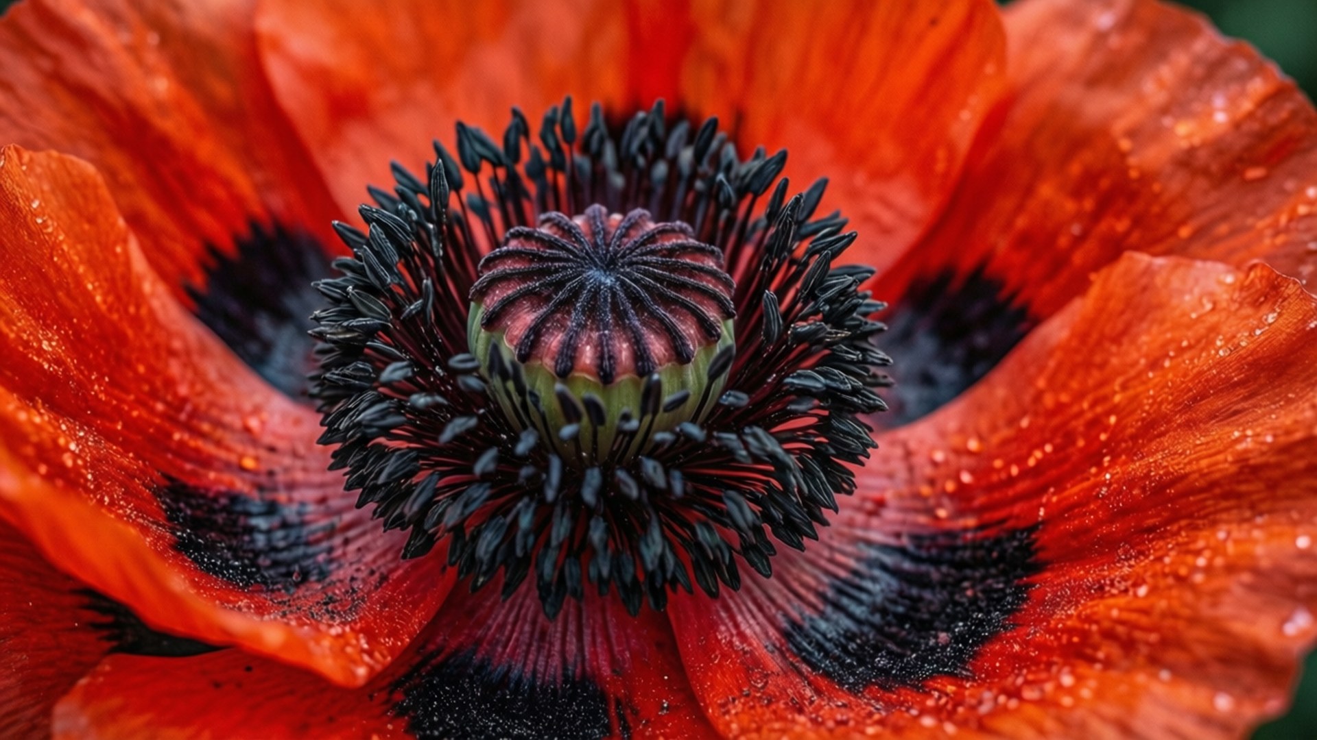 Poppy Macro Center 壁紙 — 鮮紅色罌粟花的特寫，帶有深色花心和花瓣上的露珠。