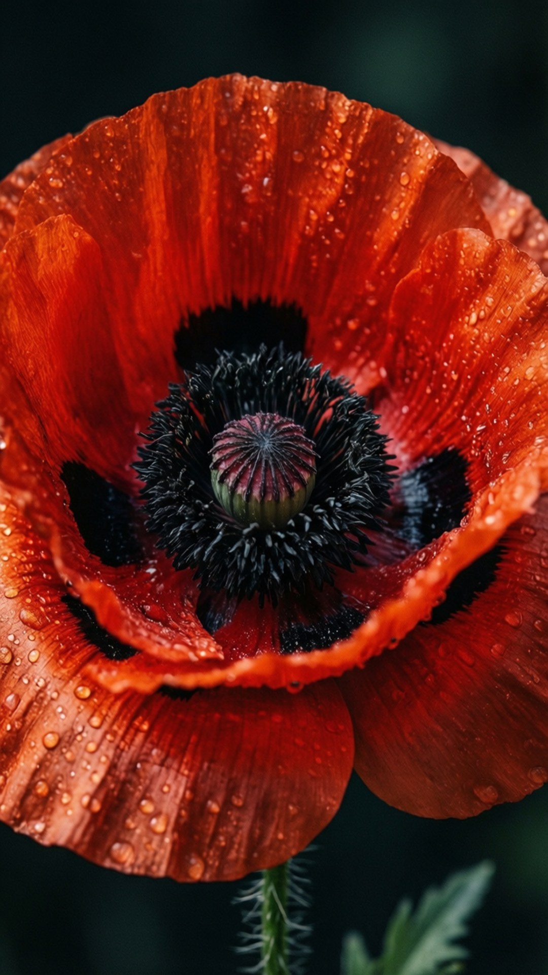 Poppy Dew Macro 壁紙 — 特寫鏡頭，一朵鮮紅色的罌粟花，花瓣上閃爍著露珠，背景是模糊的黑暗。