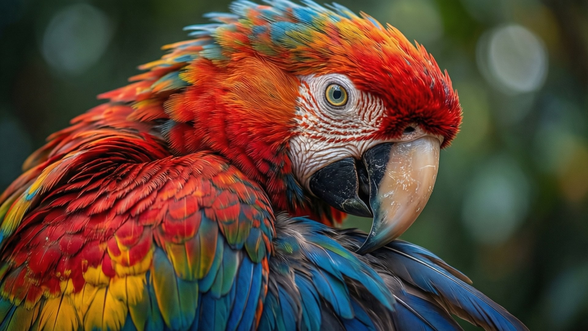 Macaw Portrait 壁紙 — 一隻鮮豔的緋紅金剛鸚鵡的特寫，帶有火紅、藍色和黃色的羽毛，棲息在柔和的綠色散景背景前。
