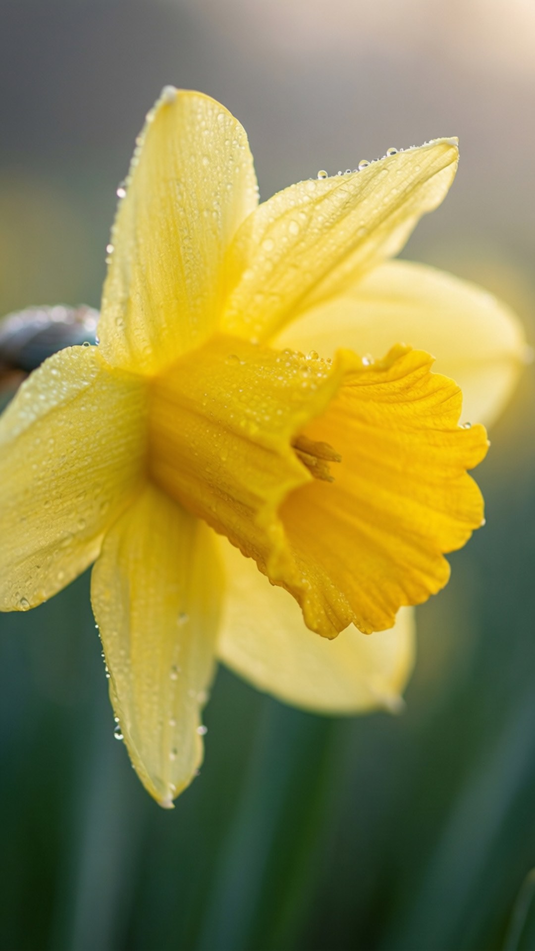 Dewy Yellow Daffodil 壁紙 — 特寫鏡頭：一朵鮮黃色水仙花，花瓣上閃爍著露珠，背景是柔和模糊的綠色。