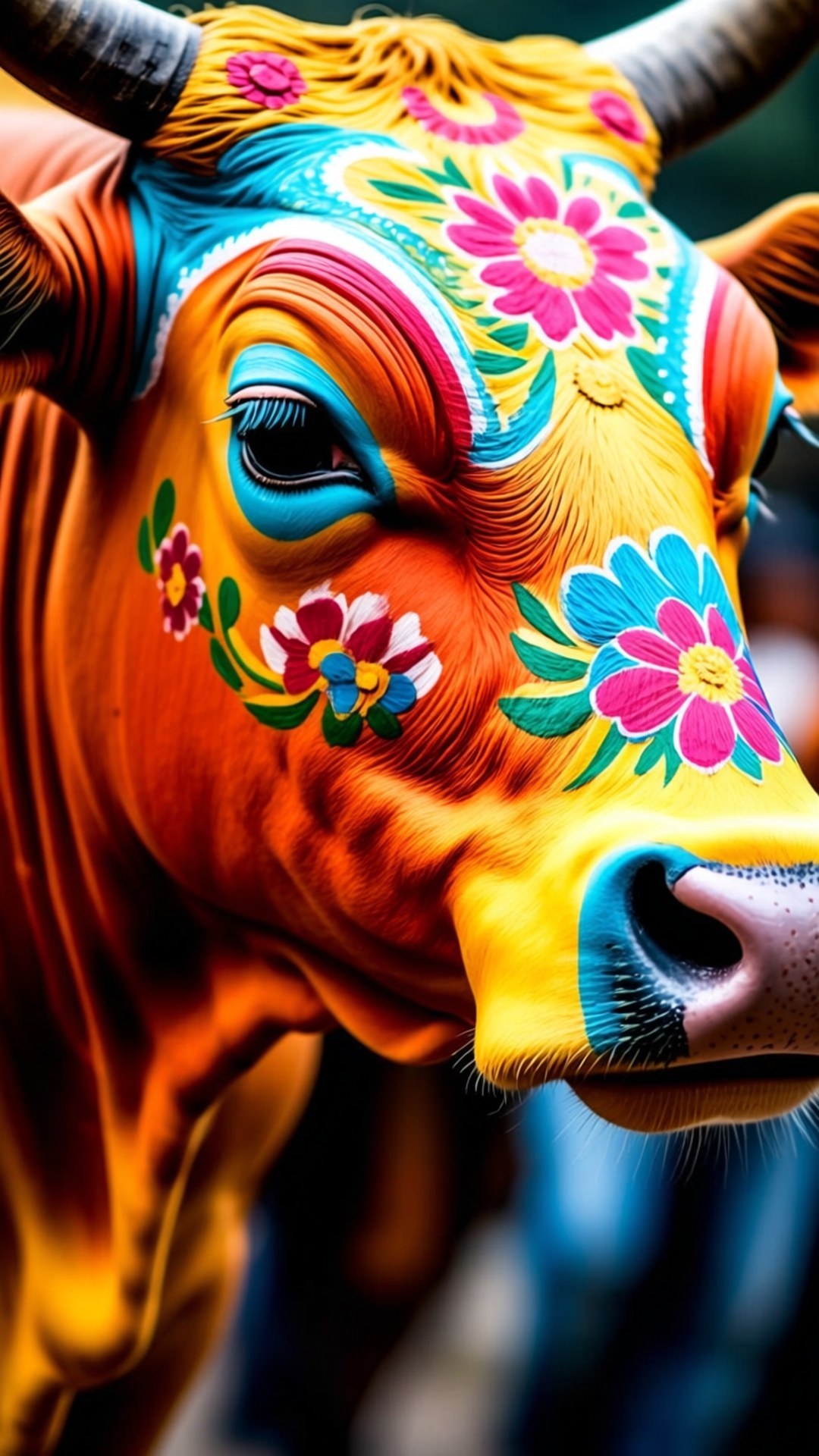 Festival Ox 壁紙 — 一頭公牛臉部特寫，臉上繪有粉紅、藍、黃色鮮豔花卉圖案。