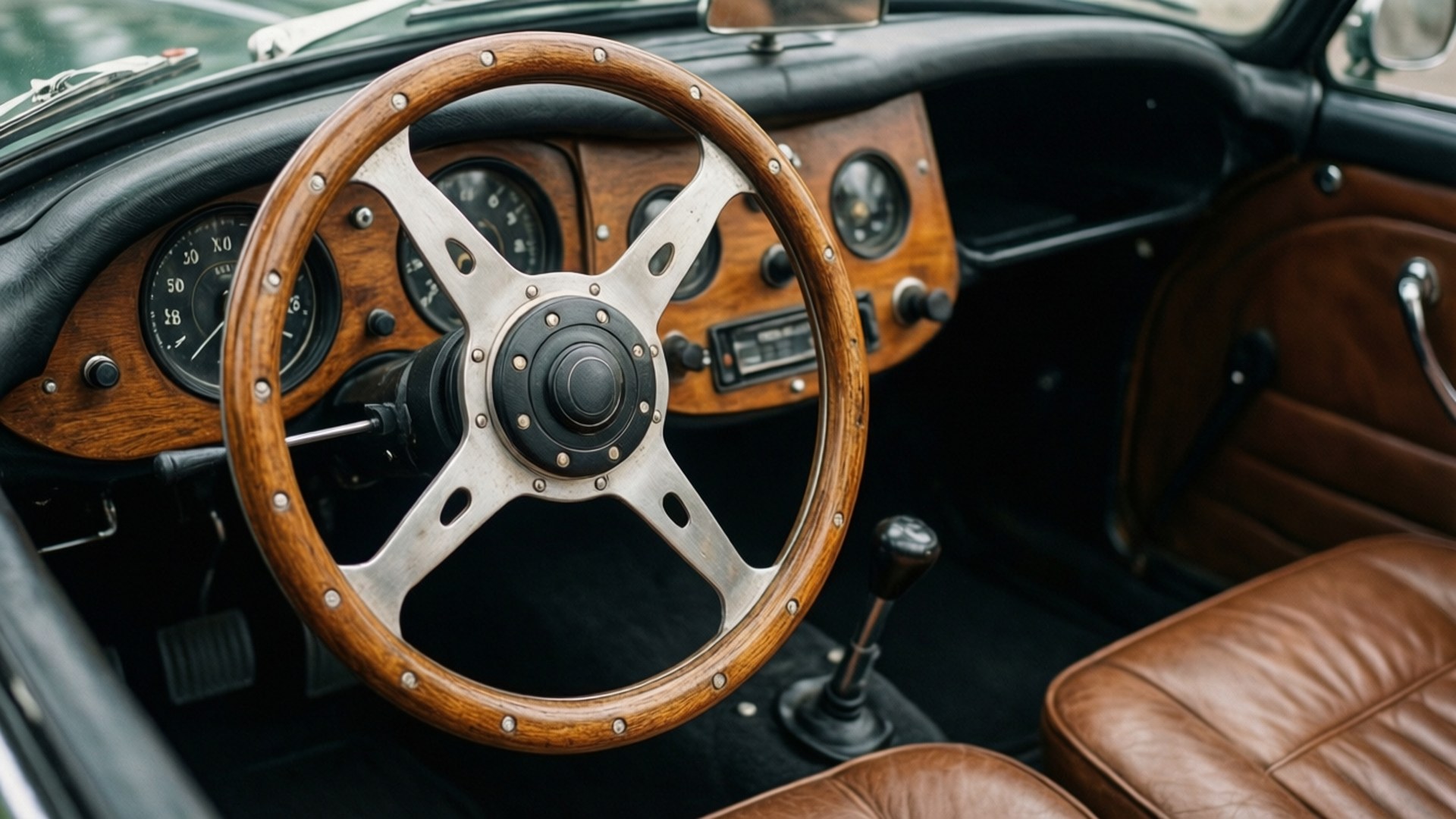 Morgan Plus Six 桌布 壁紙 — 經典車的木質方向盤和儀表板特寫，配有皮革座椅和鍍鉻裝飾。