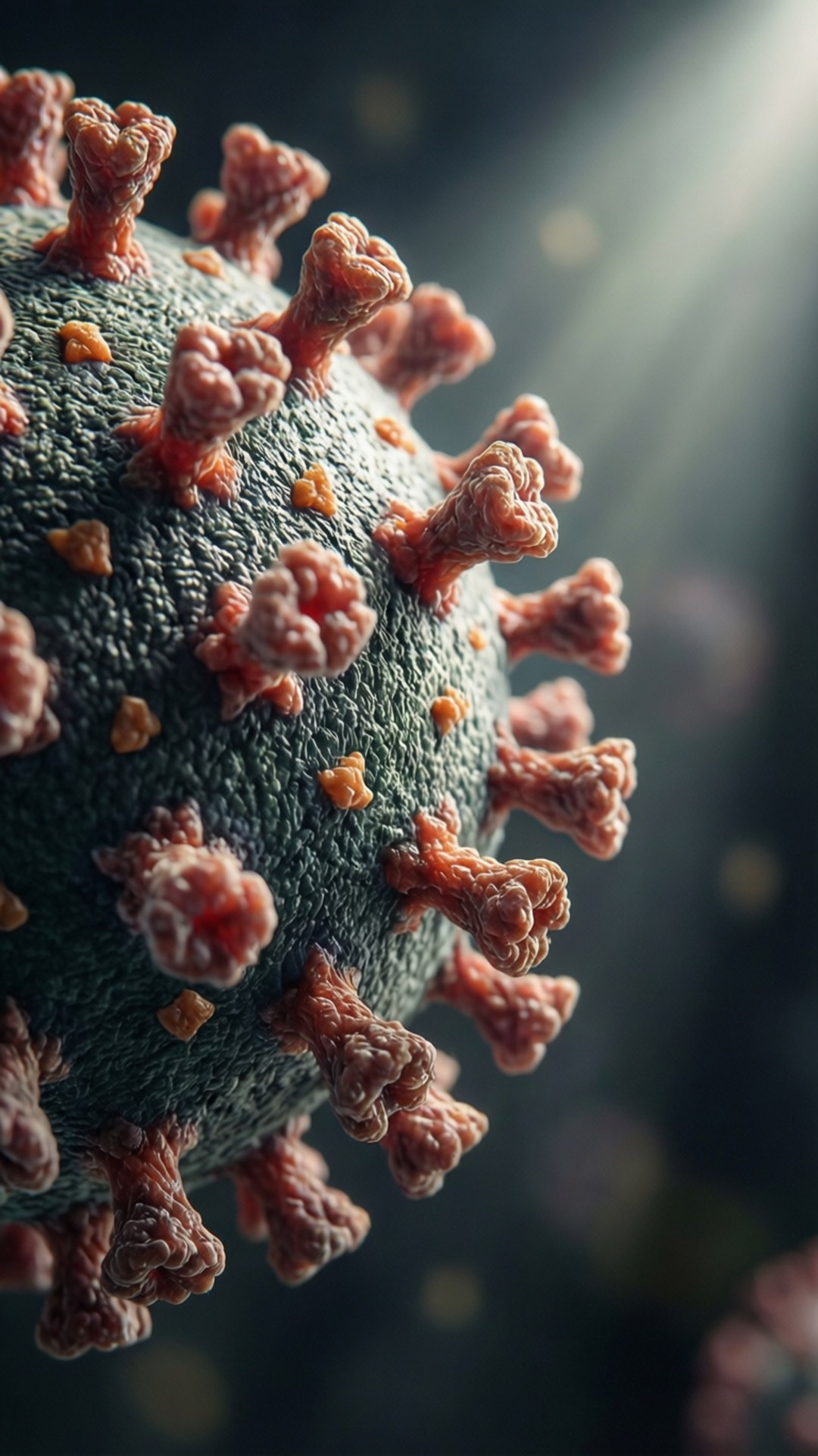 Macro Virus Particle 壁紙 — 病毒粒子的特寫，具有紋理灰色表面和突出的紅橙色刺突蛋白，背景為黑暗模糊並帶有光線。