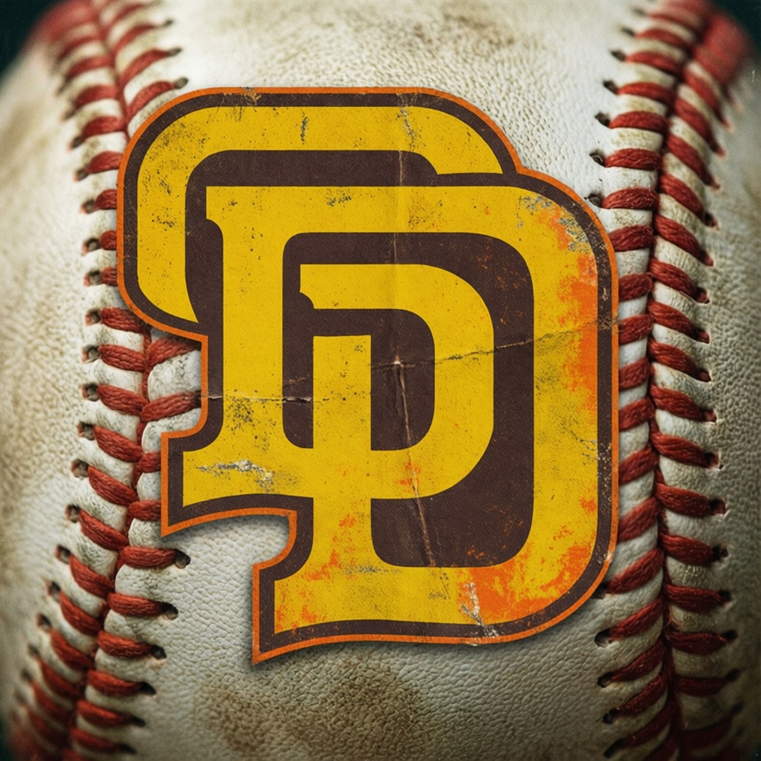 Vintage Padres Logo 壁紙 — 一個經風化的棒球特寫，在其紋理白色皮革表面中央有一個褪色的黃色和棕色「SD」標誌。