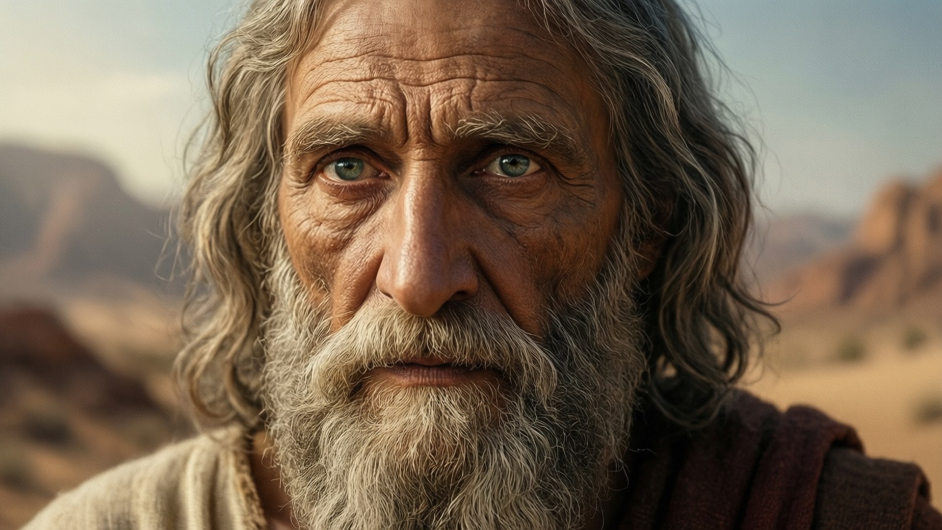 Moses 桌布 壁紙 — 一位飽經風霜的長者，留著灰色鬍鬚，擁有銳利的綠色眼睛，站在陽光普照的沙漠峽谷中的特寫。