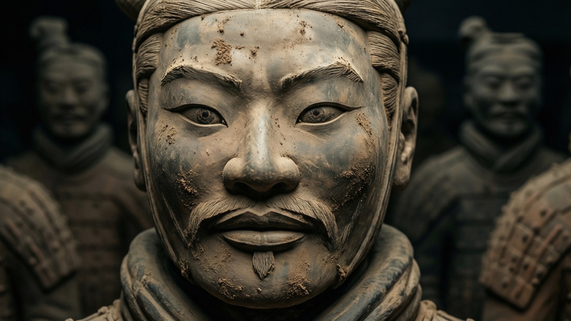 Warrior Close-Up 壁紙 — 特寫一個風化的兵馬俑戰士面孔，帶有細緻的鬍鬚和盔甲，背景為深色。