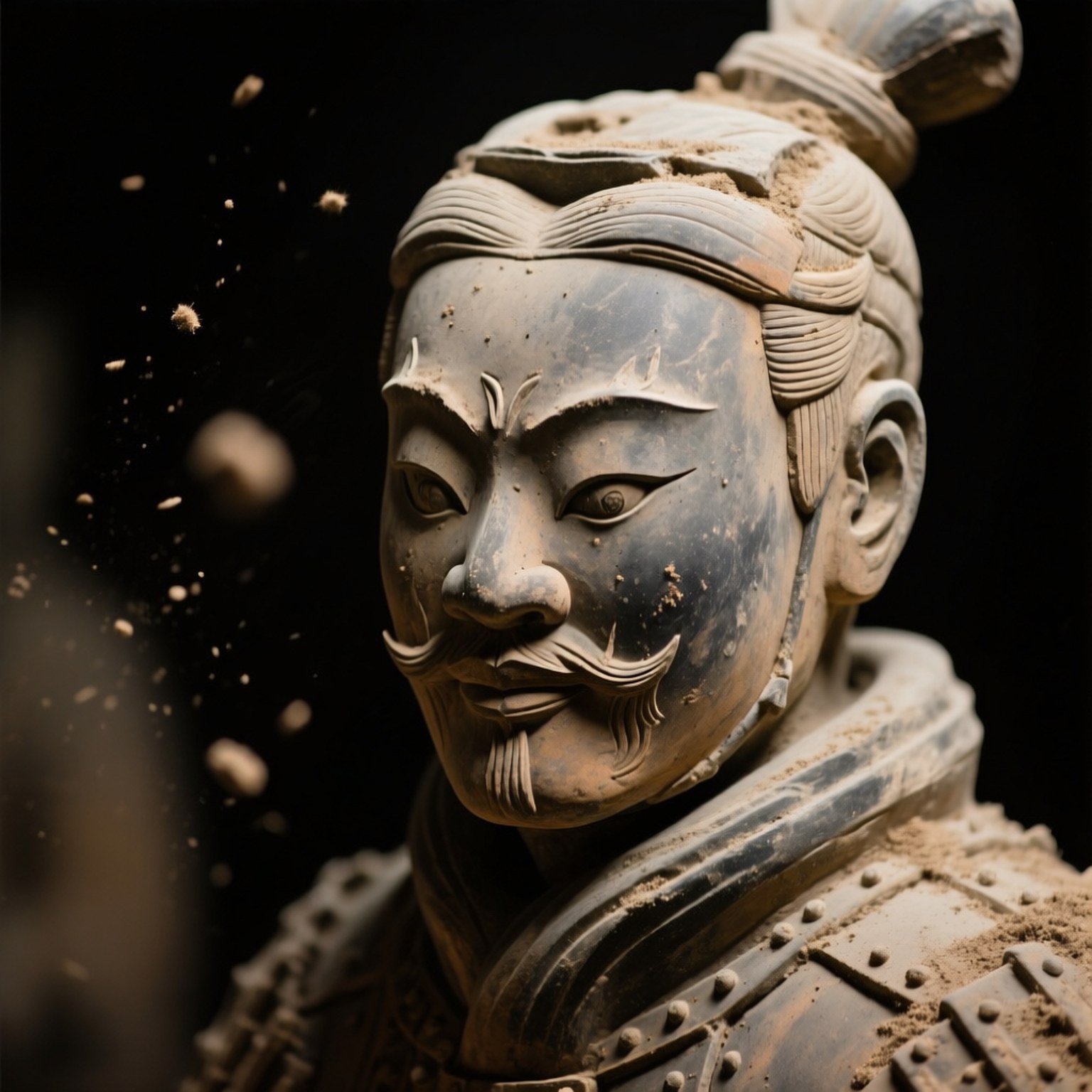 Face of an Ancient Army 壁紙 — 特寫一個風化的兵馬俑雕像，空氣中懸浮著灰塵顆粒，背景為黑色。