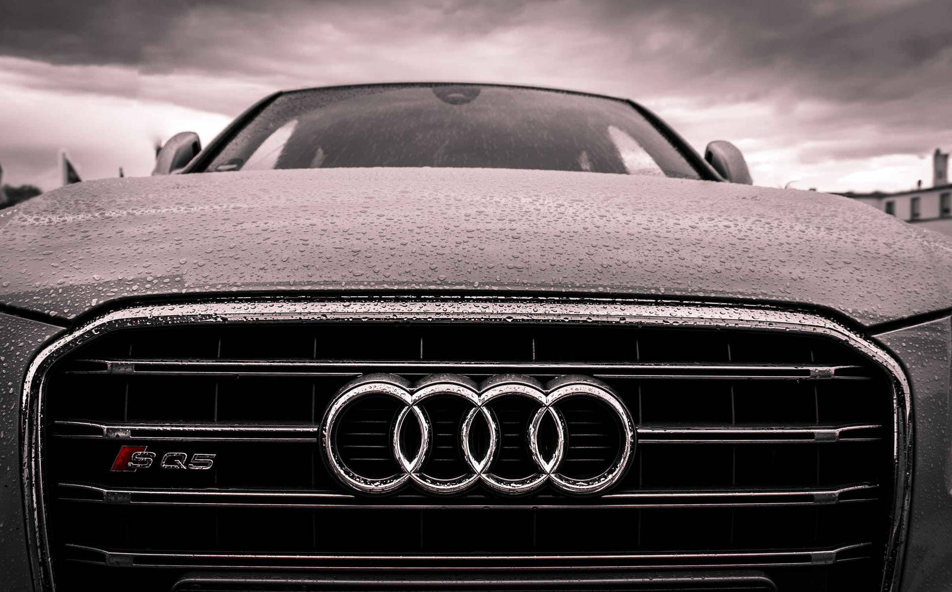 暴風雨天空下，帶有雨滴的Audi SQ5前水箱護罩 — 好看汽車 壁紙