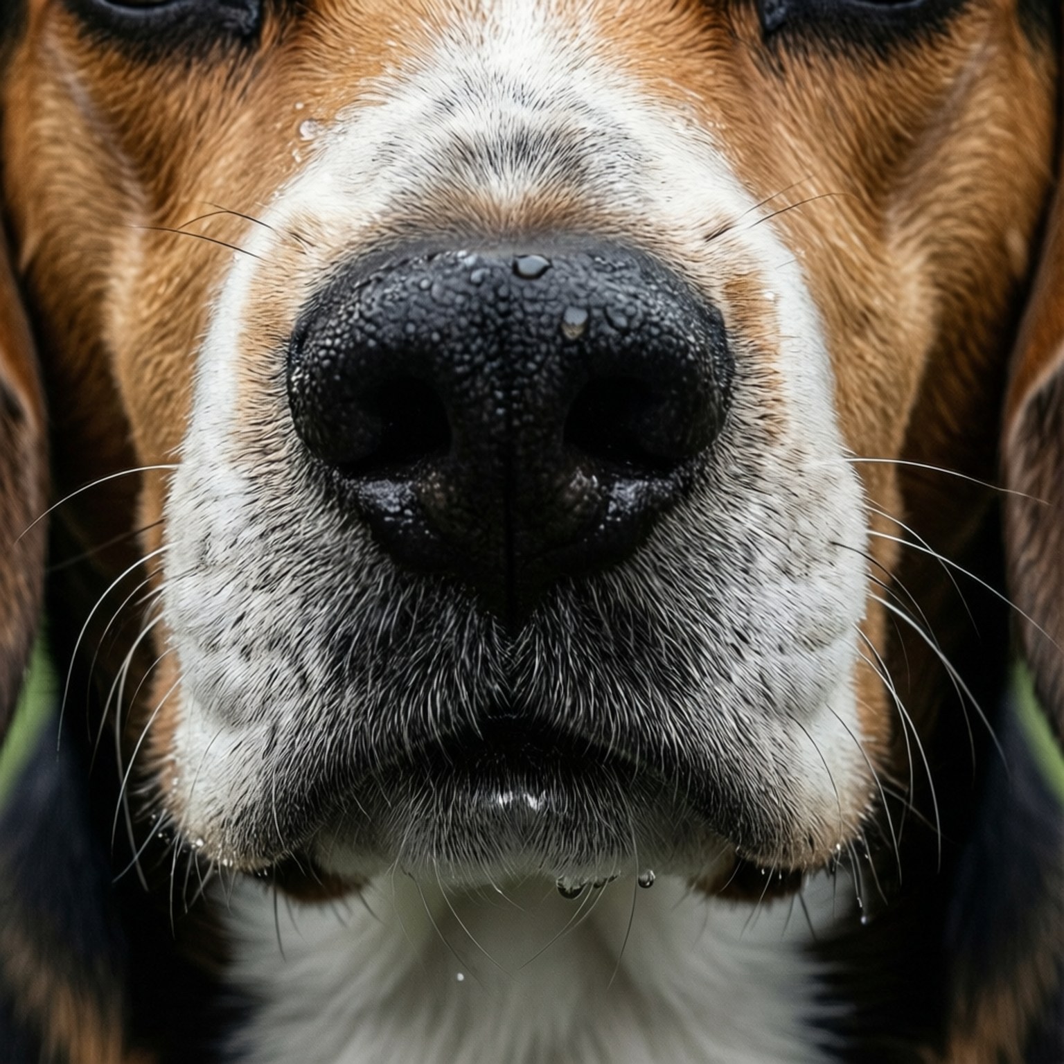 Beagle Nose Close-Up 壁紙 — 潮濕的巴吉度獵犬鼻子的特寫，水滴在毛髮和鬍鬚上閃爍。