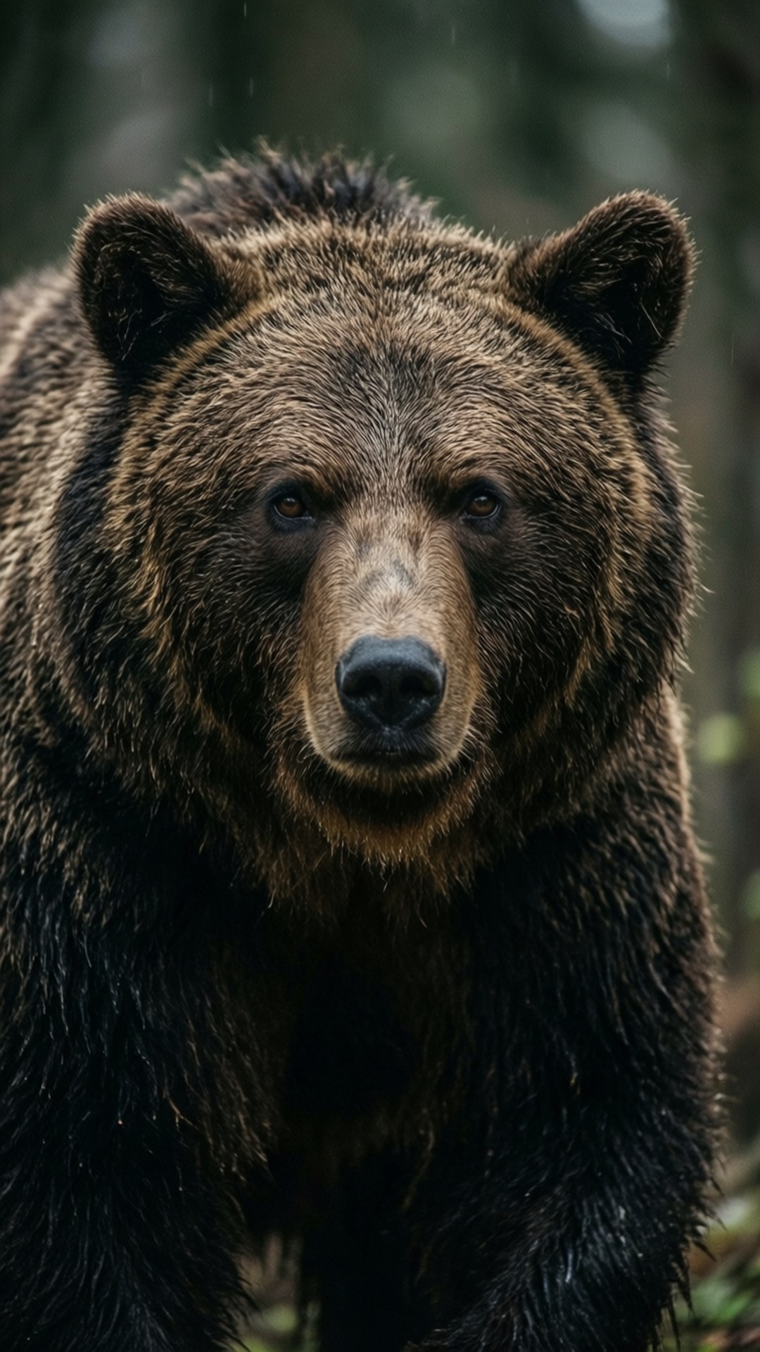Bear Fur Texture 壁紙 — 霧氣森林中，一頭濕漉漉的棕熊直視鏡頭的特寫。