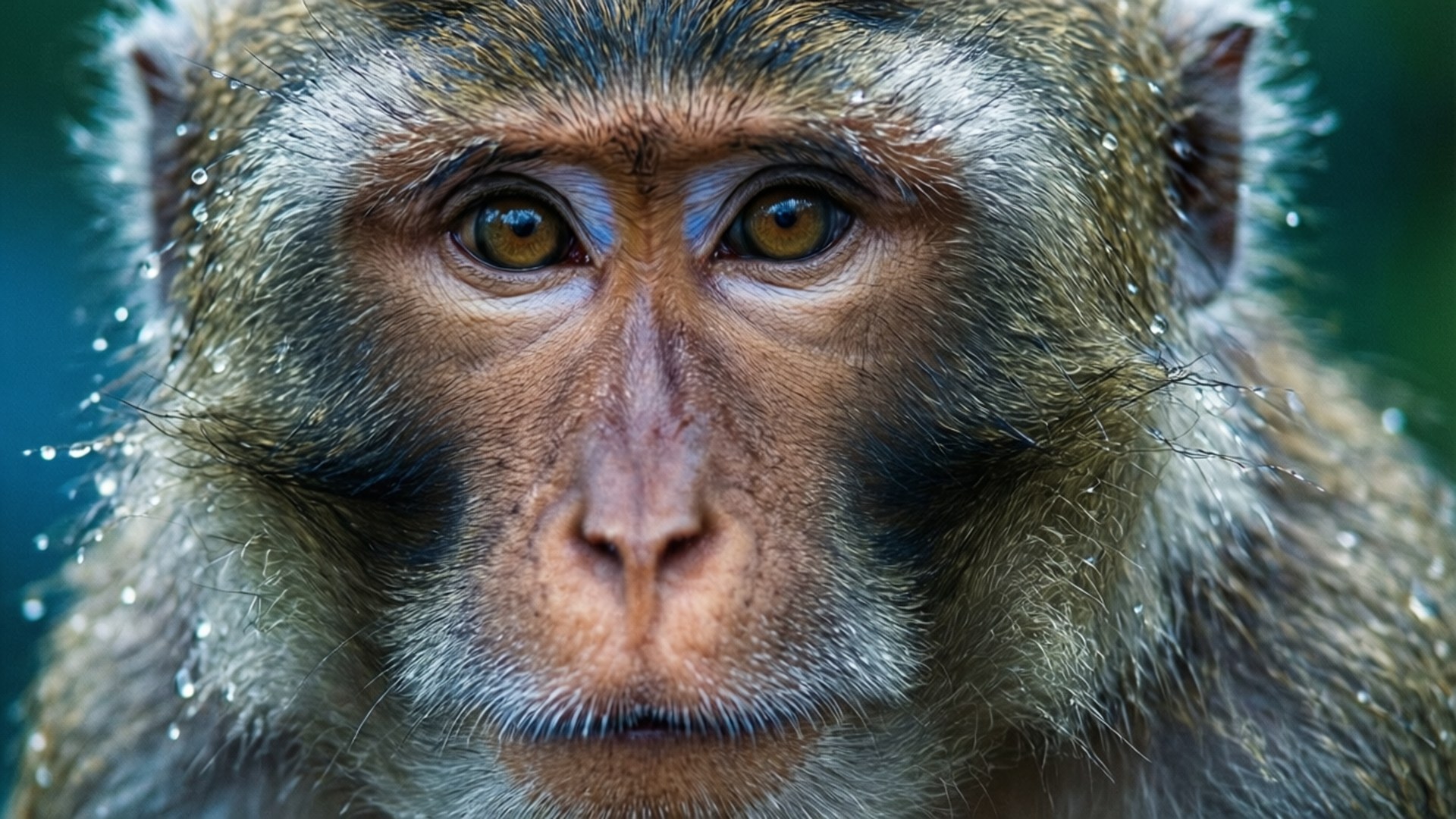Monkey Face Macro 壁紙 — 濕猴子臉部特寫，水滴在皮毛上閃閃發光，強烈的棕色眼睛直視前方。