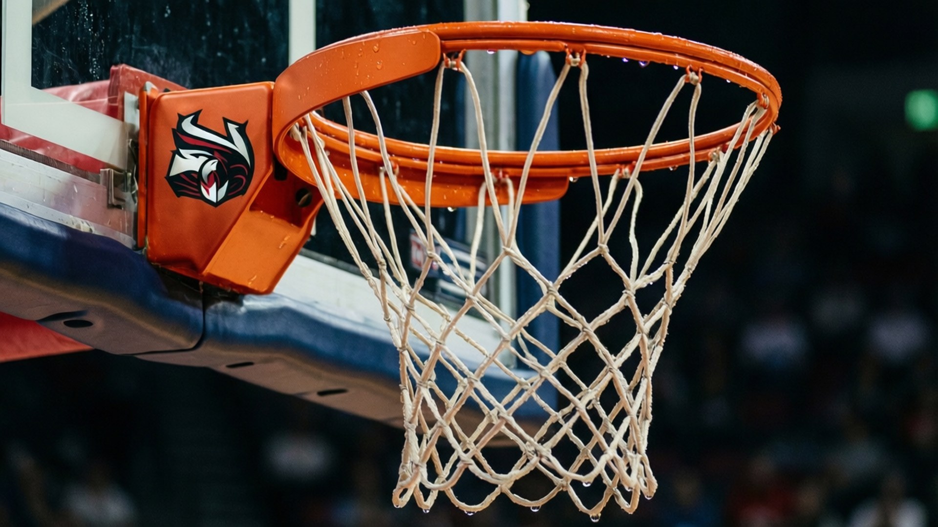 Net Detail with Logo 壁紙 — 近距離拍攝一個濕透的橙色籃球框，白色網滴著水，背景是昏暗模糊的體育館。